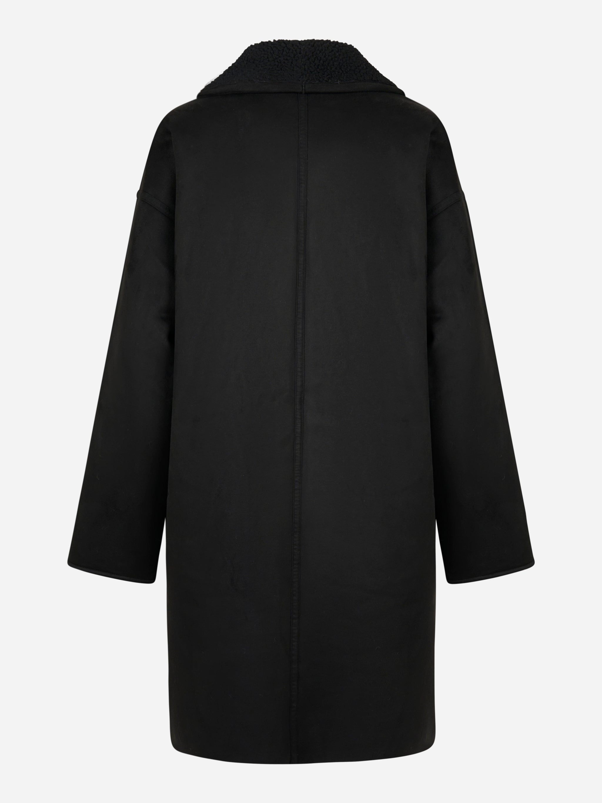 Cappotto nero con collo sciallato in eco shearling