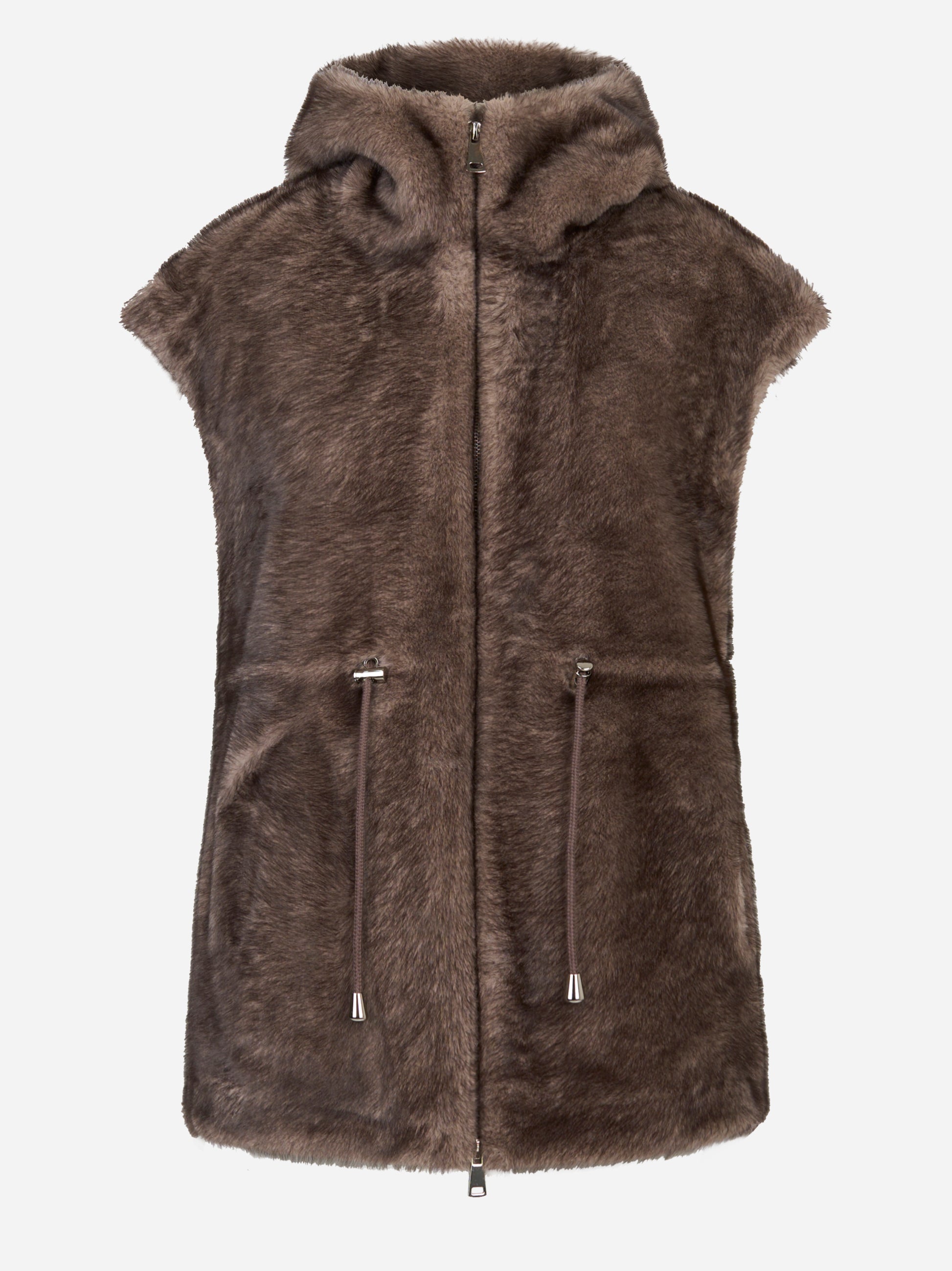 Giacca smanicata marrone con zip e cappuccio in ecofur