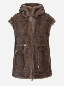 Giacca smanicata marrone con zip e cappuccio in ecofur