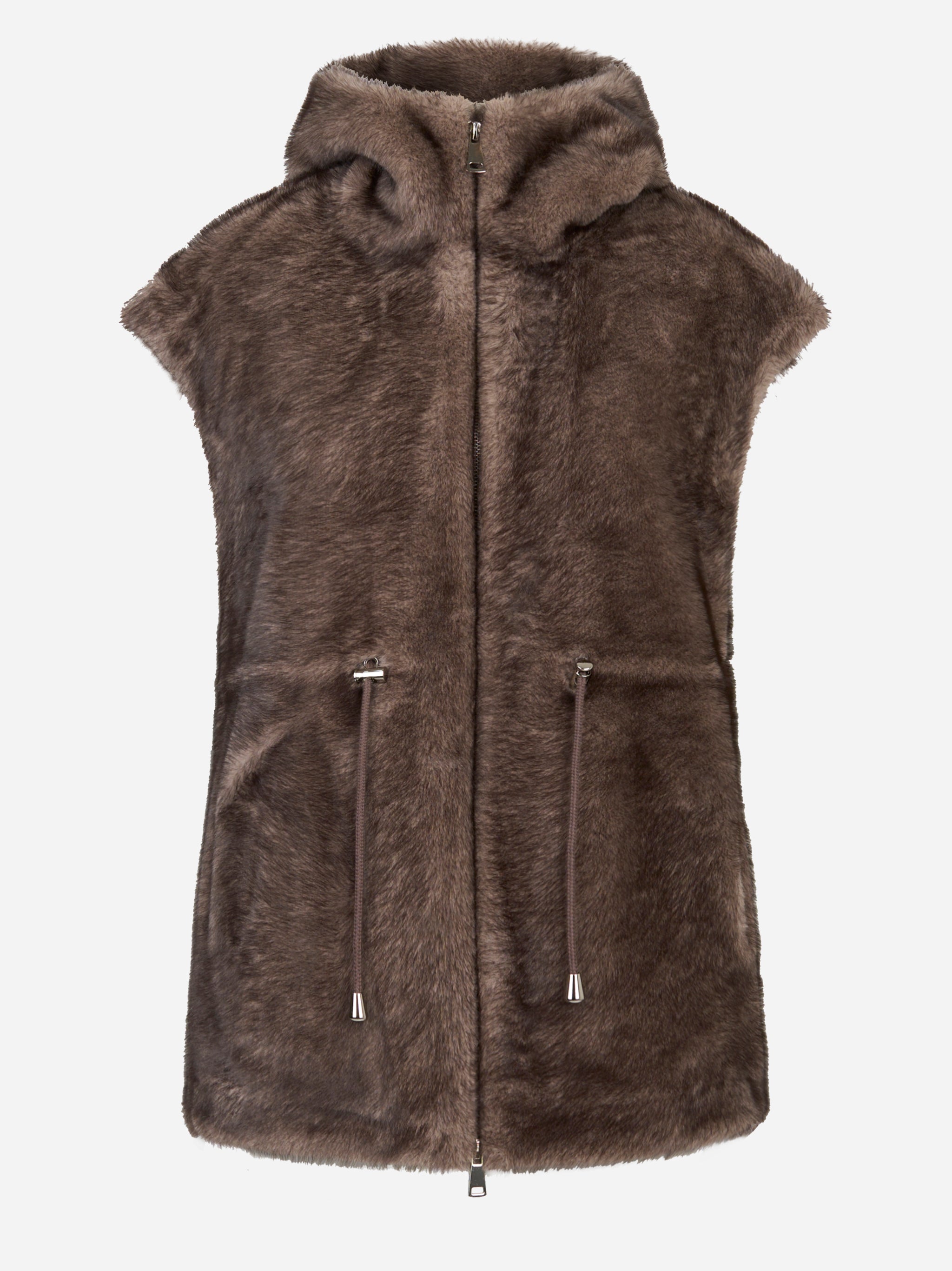 Giacca smanicata marrone con zip e cappuccio in ecofur