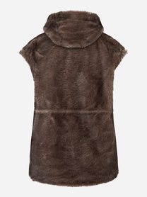 Giacca smanicata marrone con zip e cappuccio in ecofur