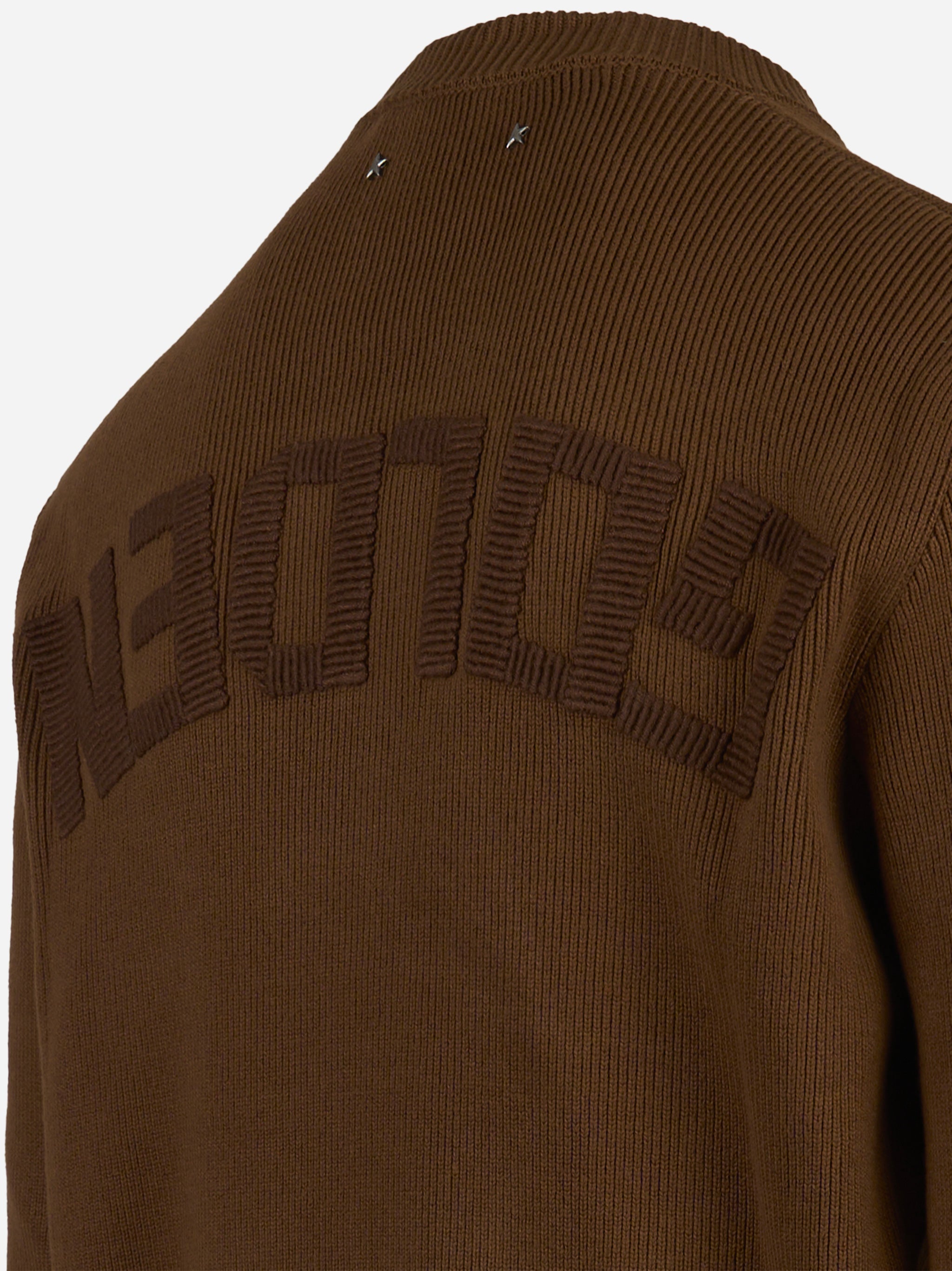 Maglia girocollo regolare di cotone con ricamo logo Marrone