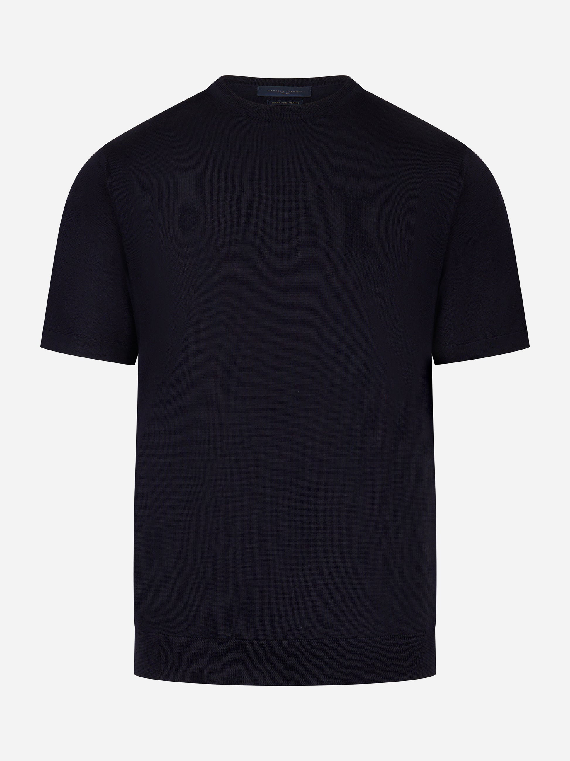Maglia blu manica corta in lana merinos finezza 16