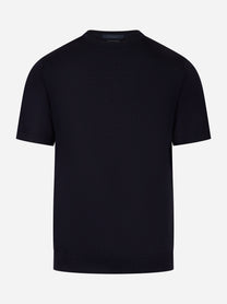Maglia blu manica corta in lana merinos finezza 16