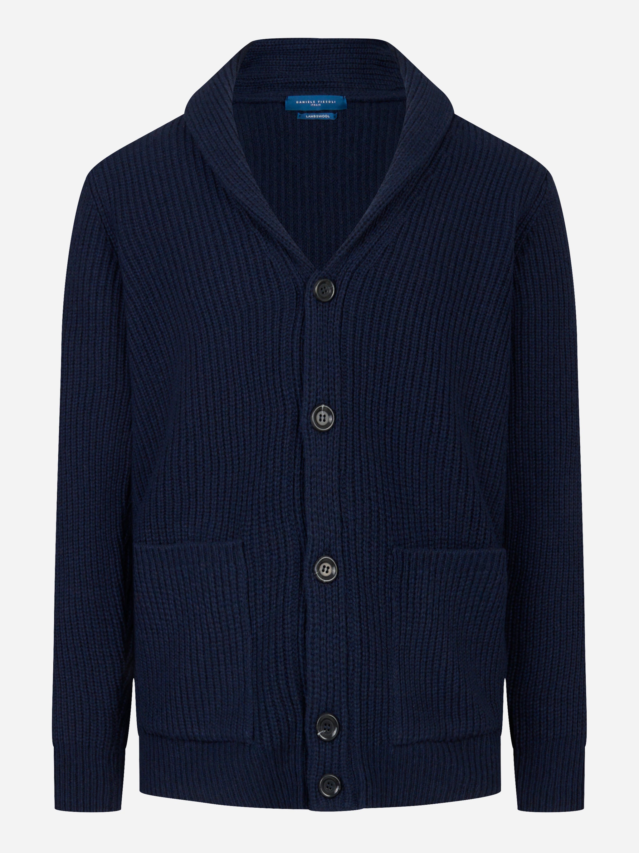 Cardigan blu in lana con collo sciallato