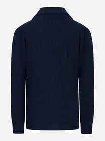 Cardigan blu in lana con collo sciallato