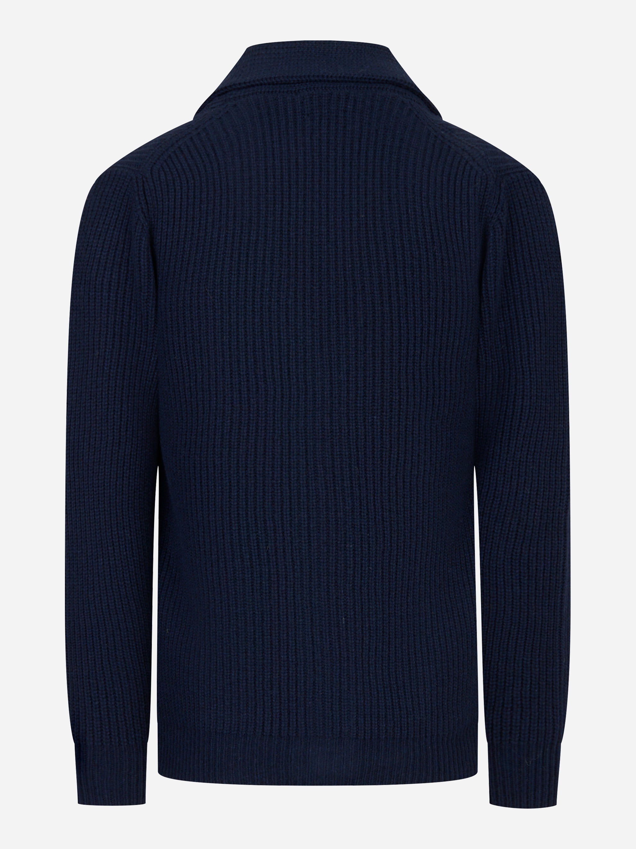 Cardigan blu in lana con collo sciallato