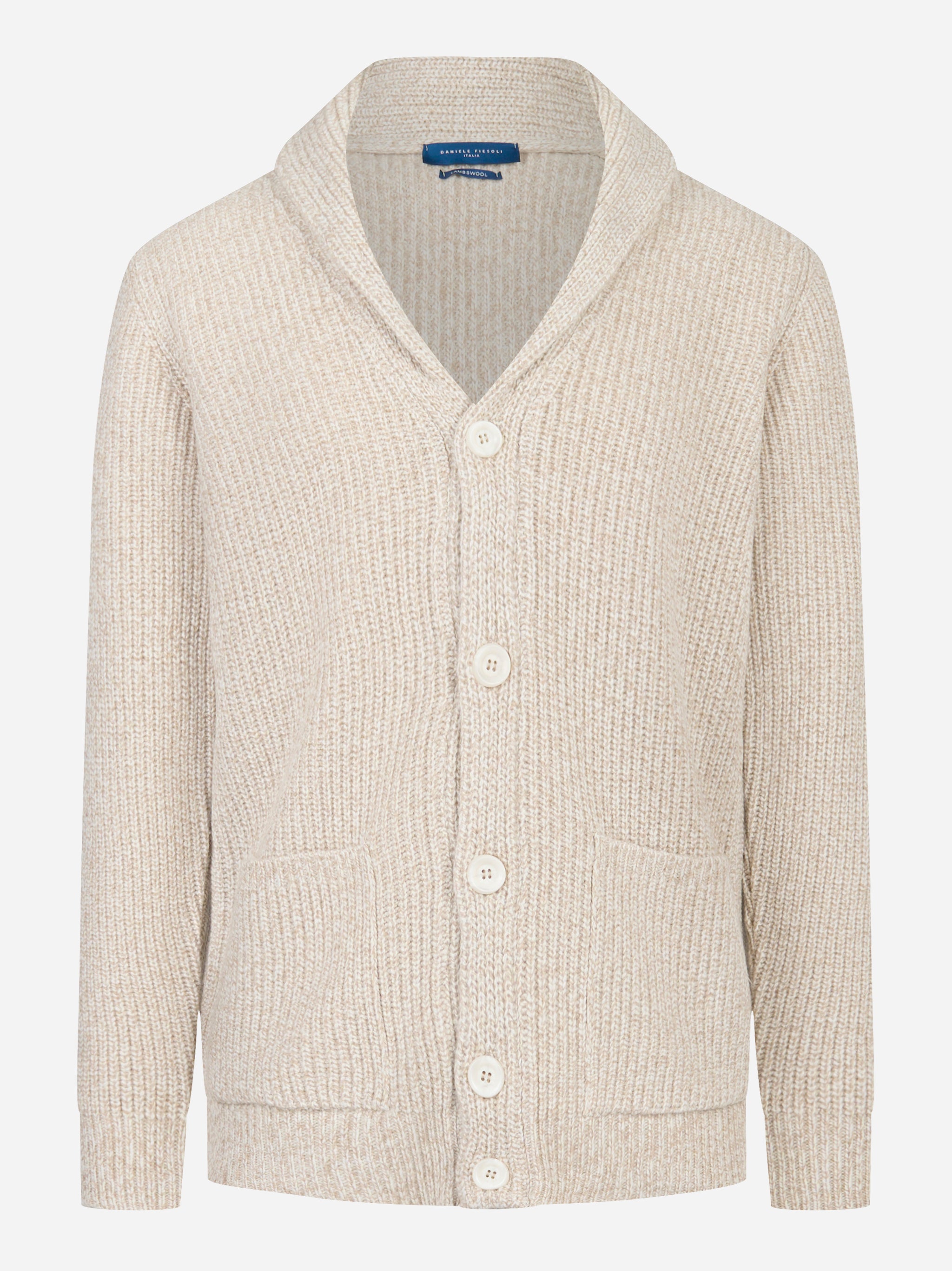 Cardigan beige in lana con collo sciallato