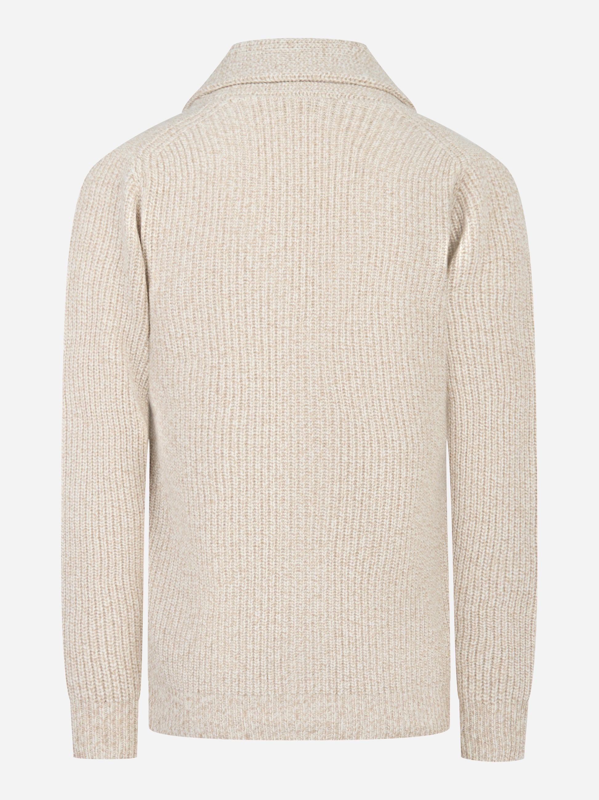 Cardigan beige in lana con collo sciallato