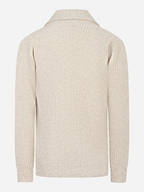 Cardigan beige in lana con collo sciallato