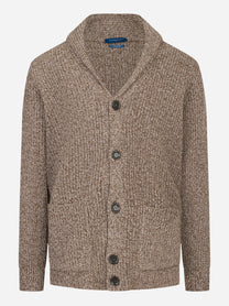 Cardigan marrone in lana con collo sciallato