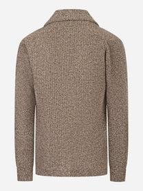 Cardigan marrone in lana con collo sciallato