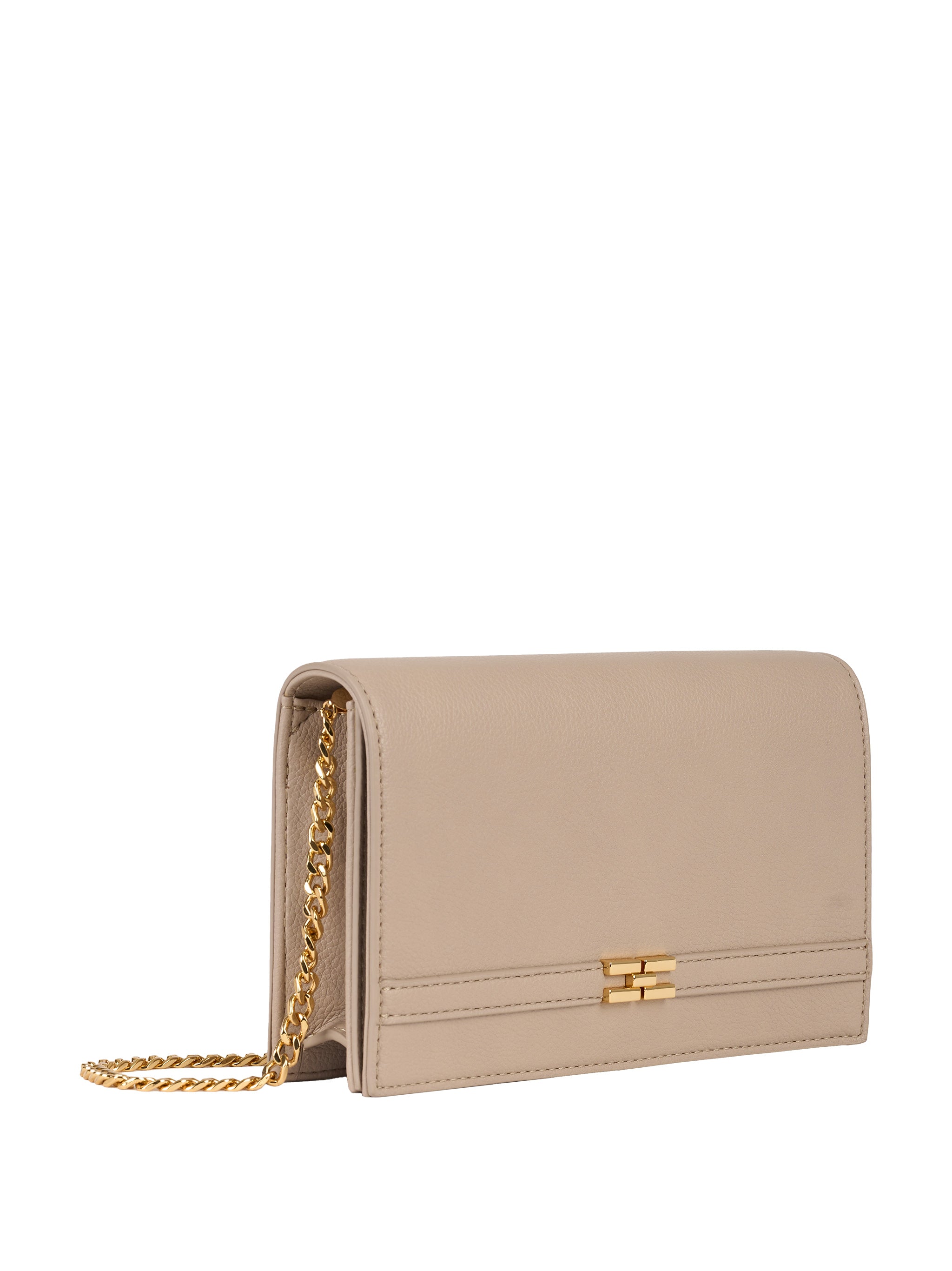 Borsa tracolla a catena, chiusura a patta con placca logo Beige