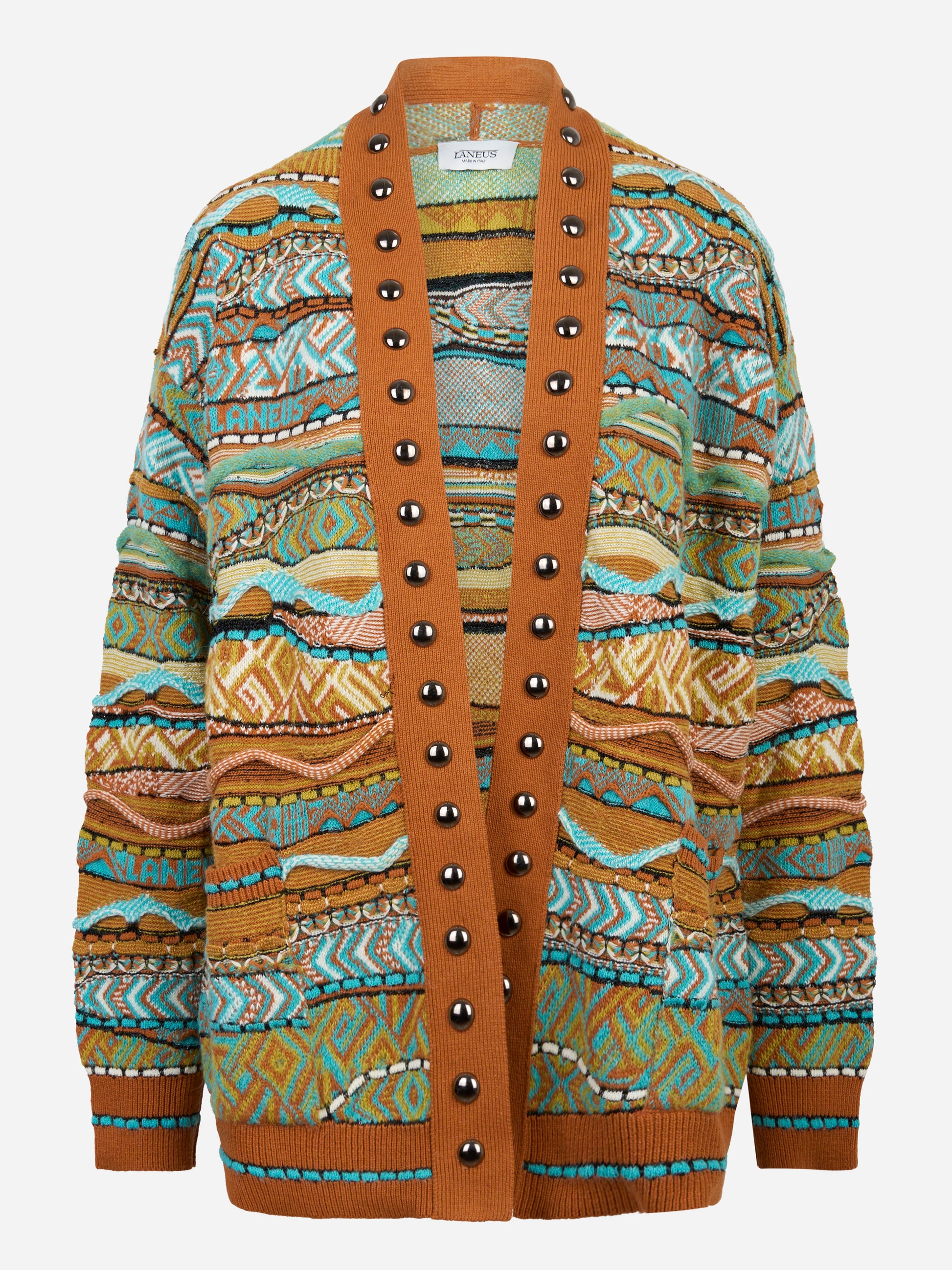 Cardigan multicolor con lavorazione jaquard e applicazioni