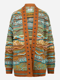 Cardigan multicolor con lavorazione jaquard e applicazioni