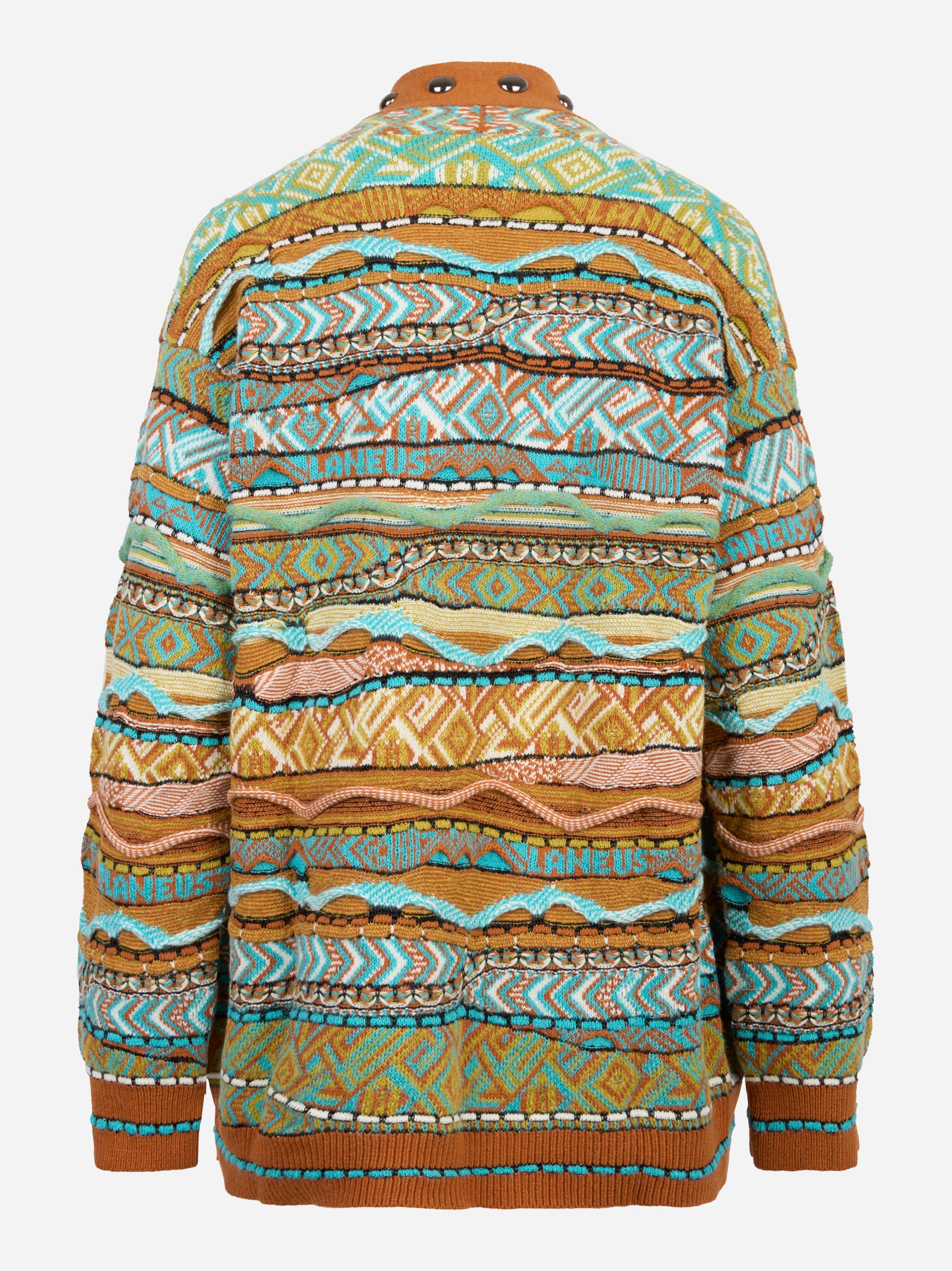 Cardigan multicolor con lavorazione jaquard e applicazioni