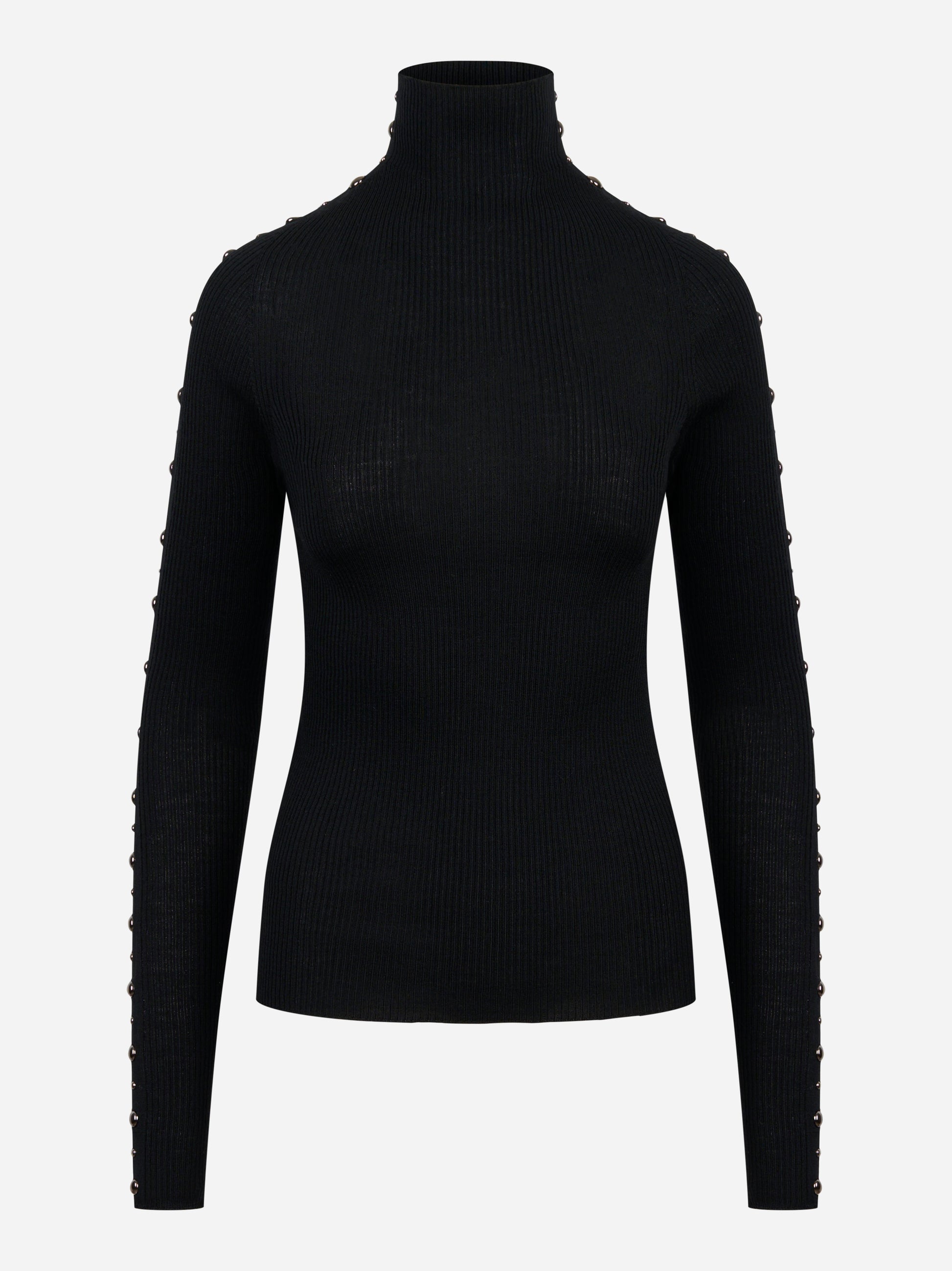 Dolcevita nero in lana merinos con applicazioni su maniche