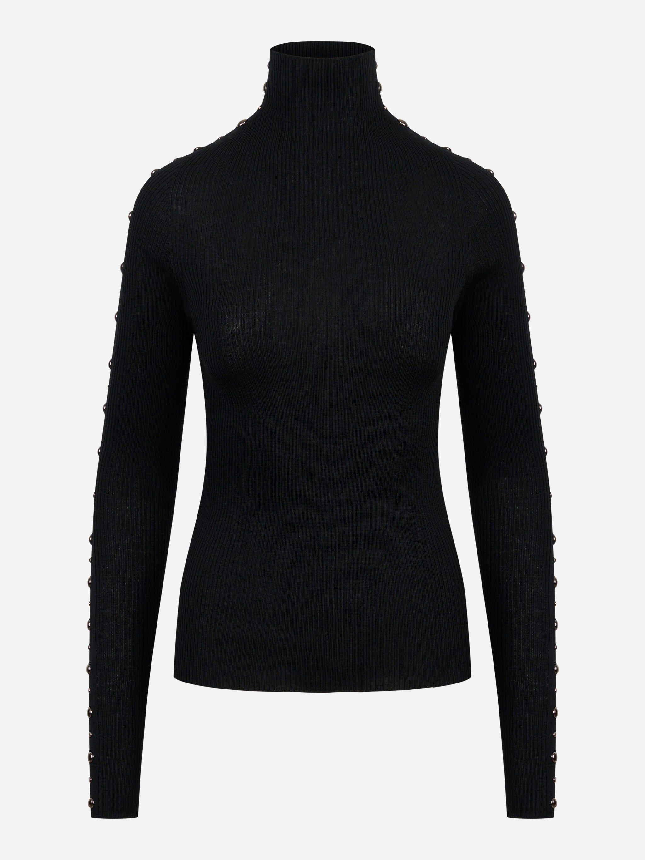 Dolcevita nero in lana merinos con applicazioni su maniche