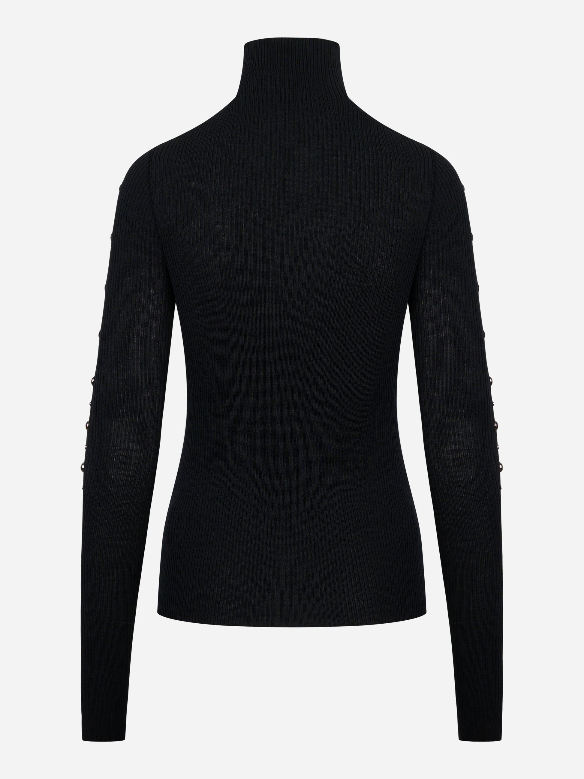 Dolcevita nero in lana merinos con applicazioni su maniche