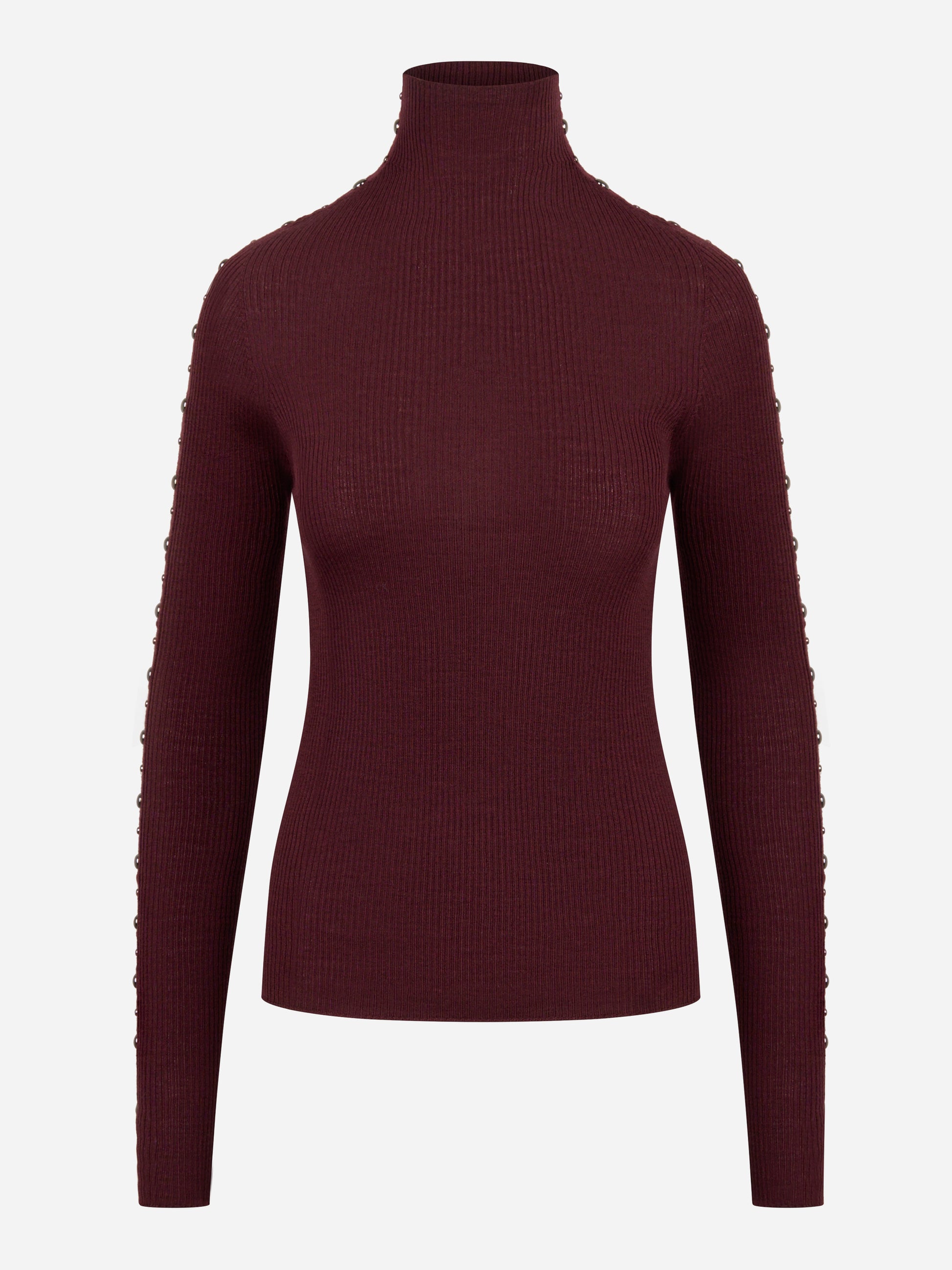 Dolcevita bordeaux in lana merinos con applicazioni su maniche