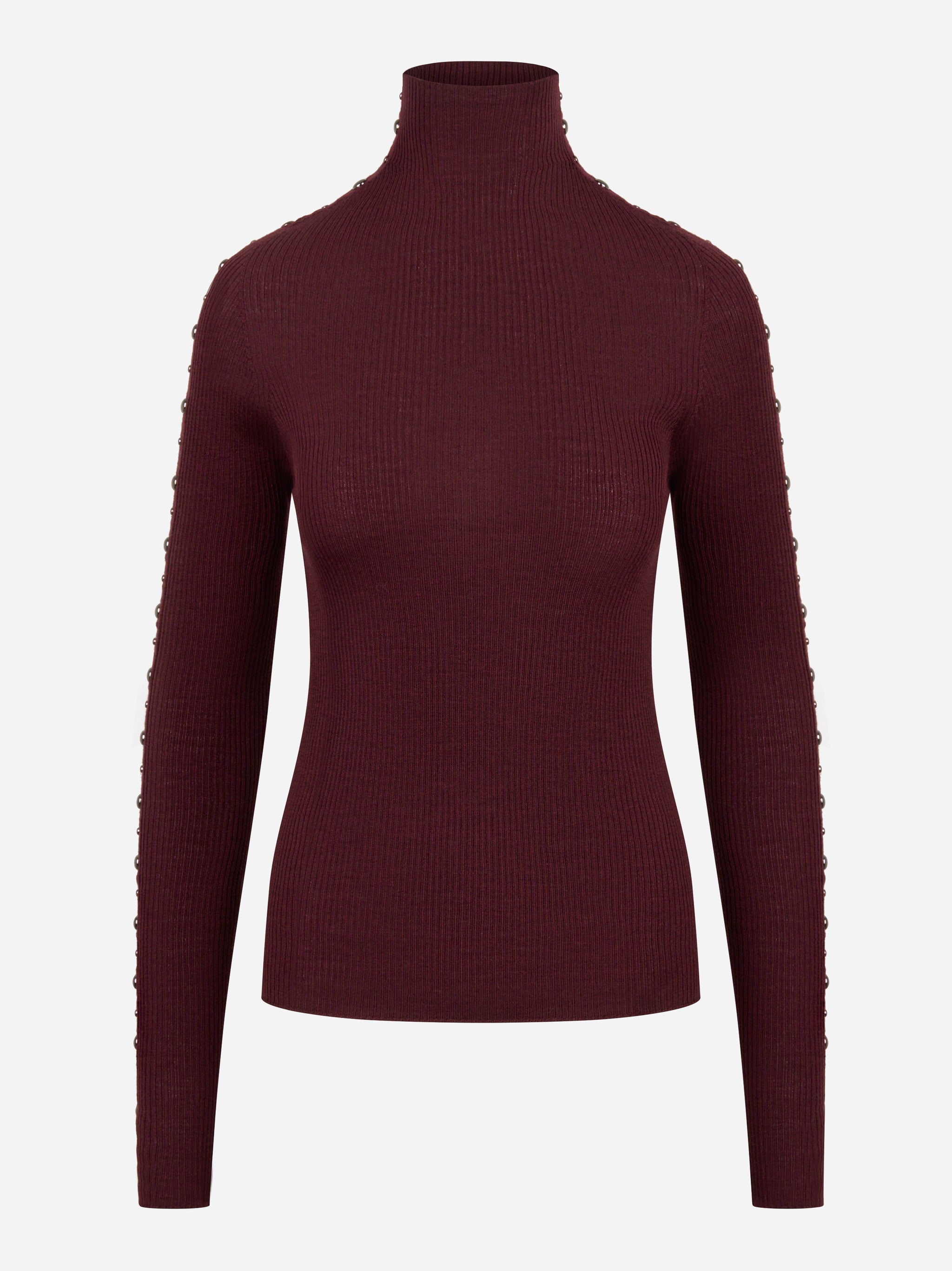 Dolcevita bordeaux in lana merinos con applicazioni su maniche