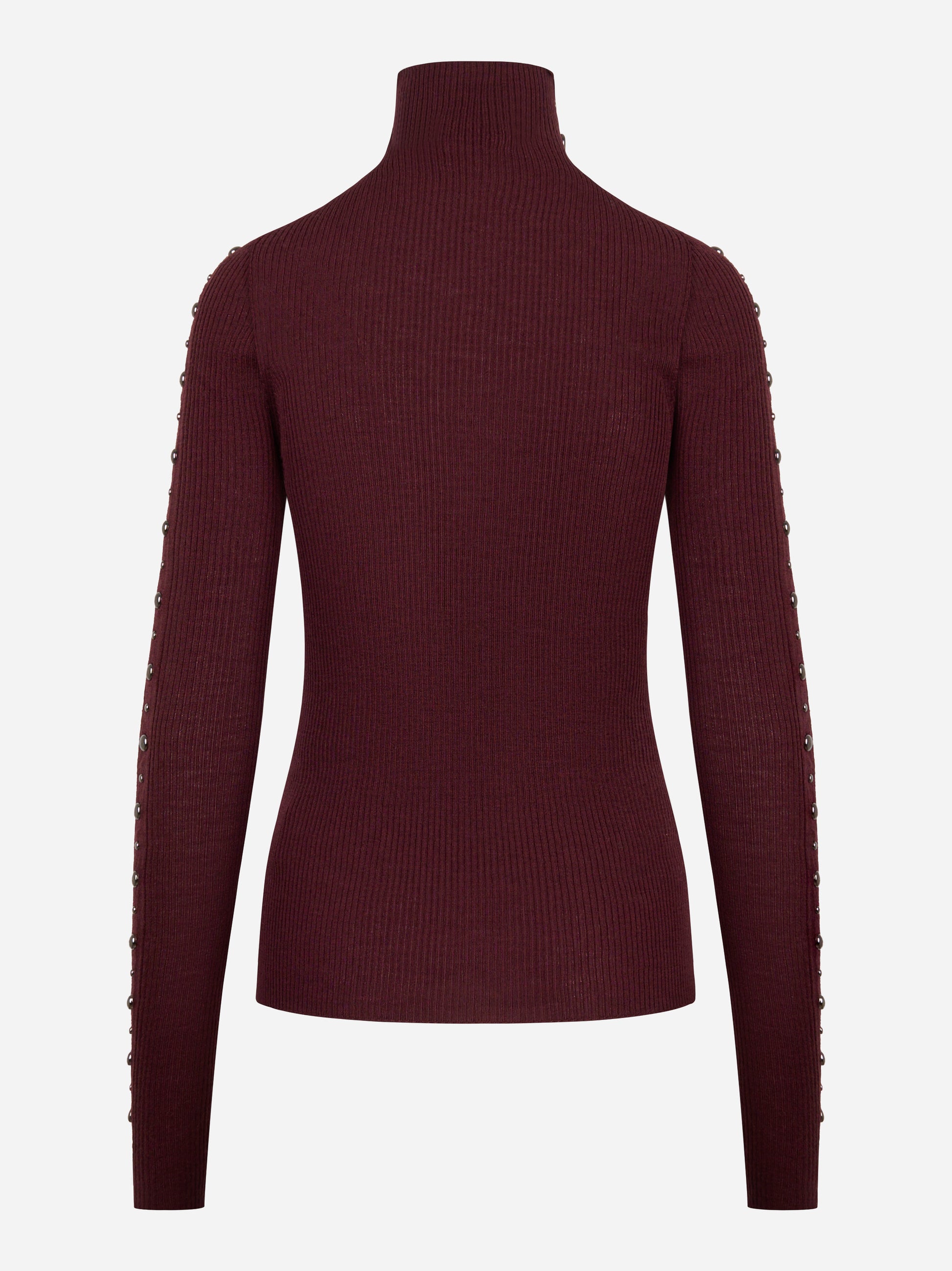 Dolcevita bordeaux in lana merinos con applicazioni su maniche