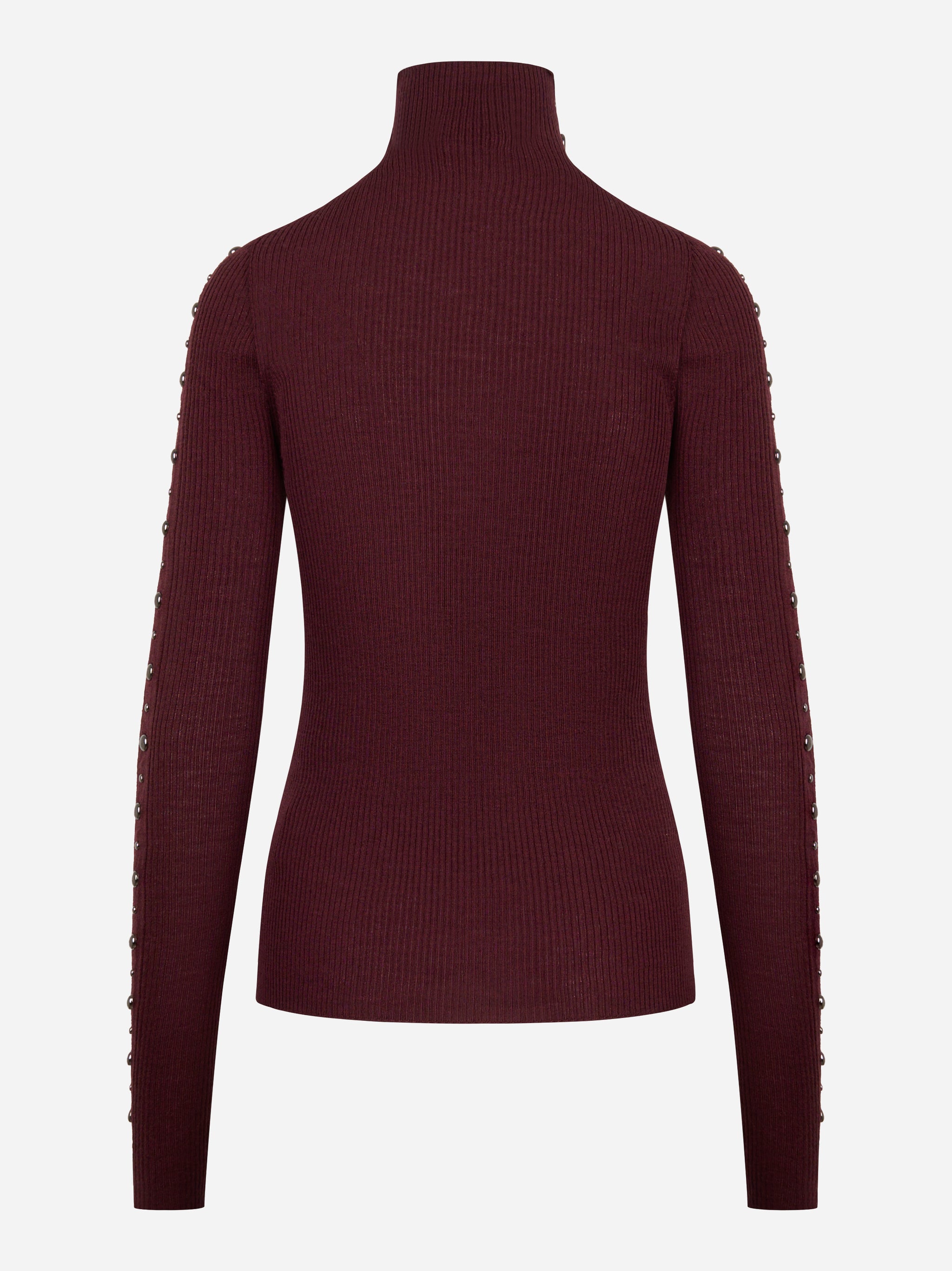 Dolcevita bordeaux in lana merinos con applicazioni su maniche