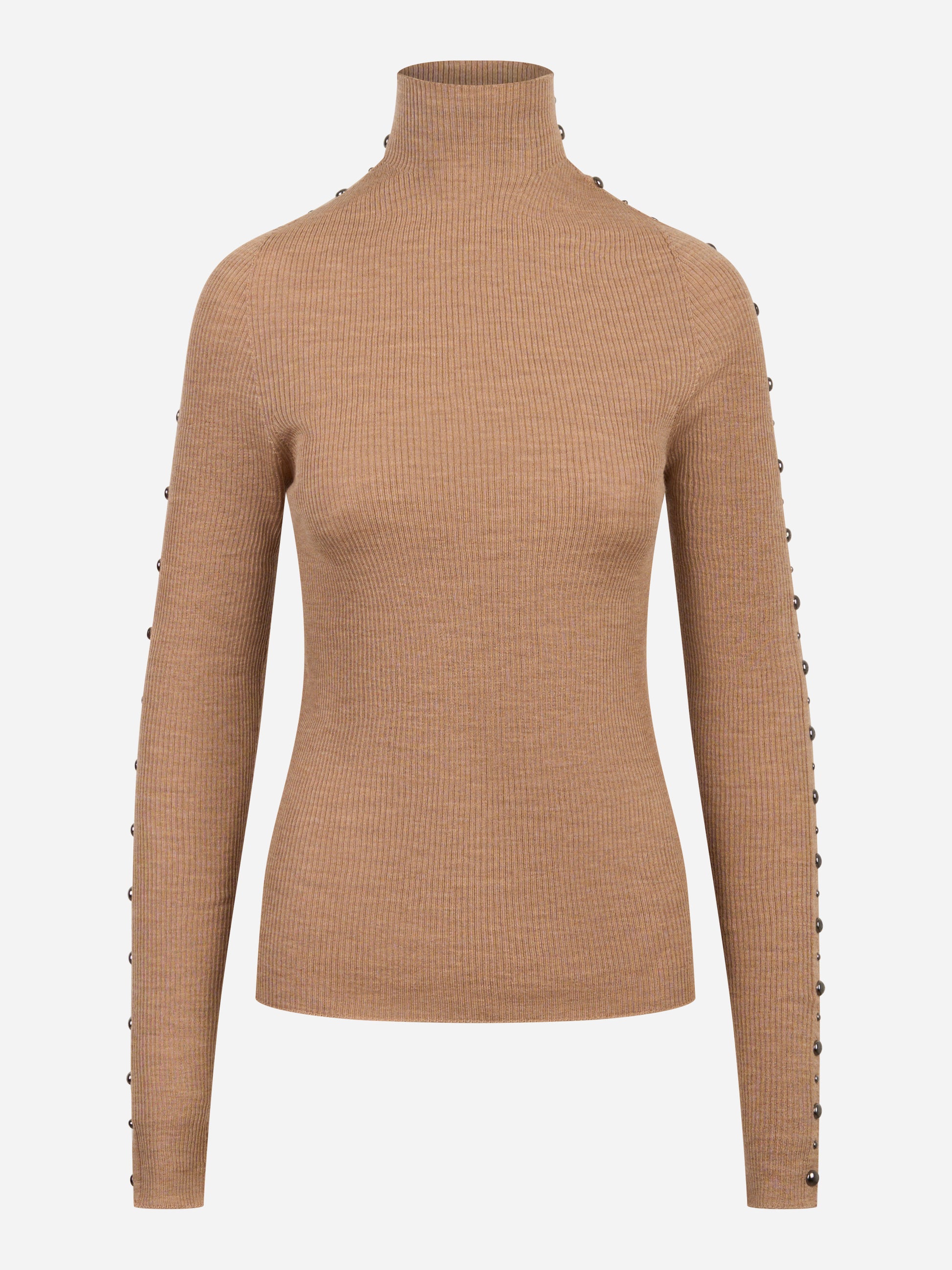 Dolcevita beige in lana merinos con applicazioni su maniche