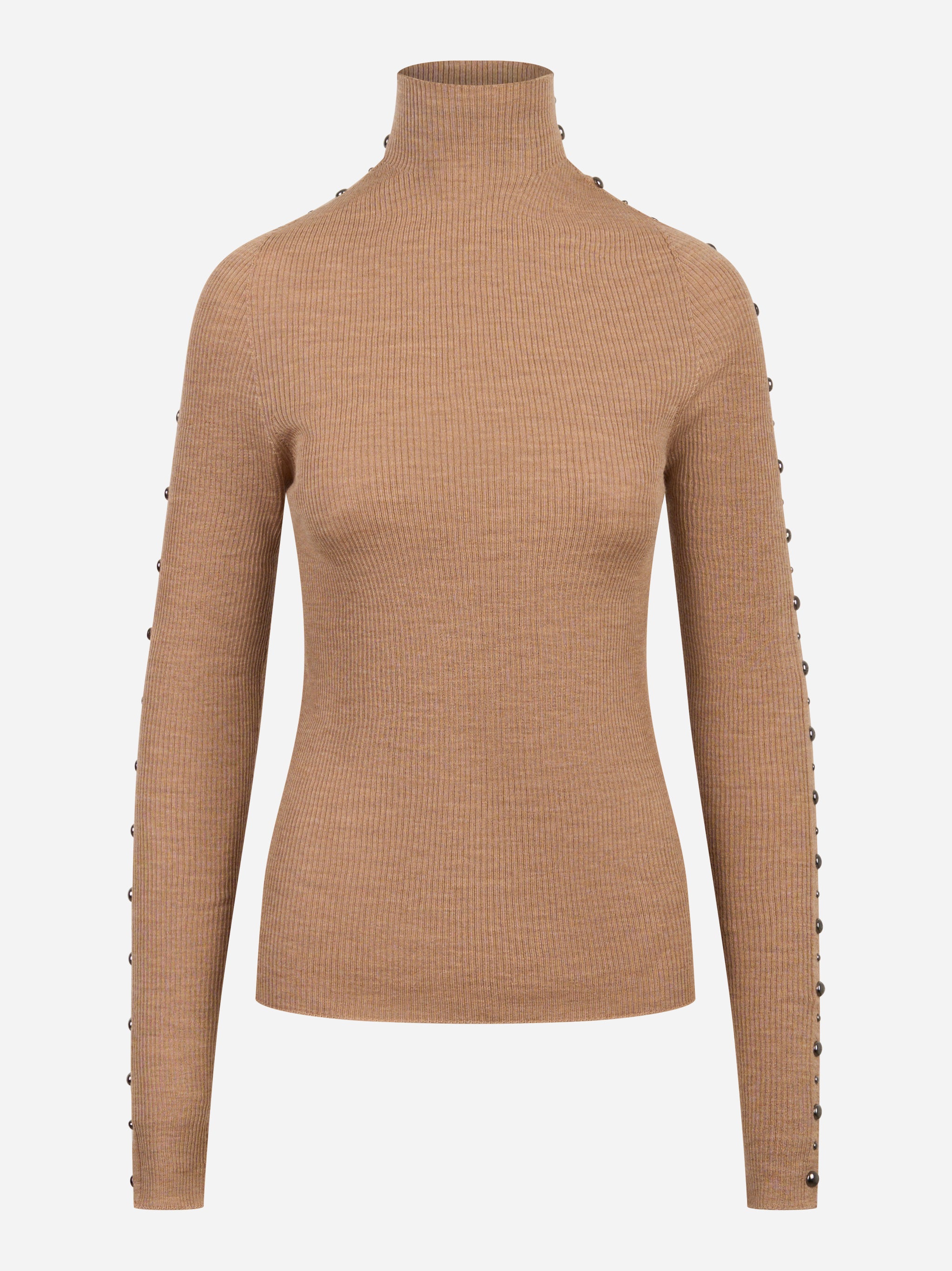 Dolcevita beige in lana merinos con applicazioni su maniche