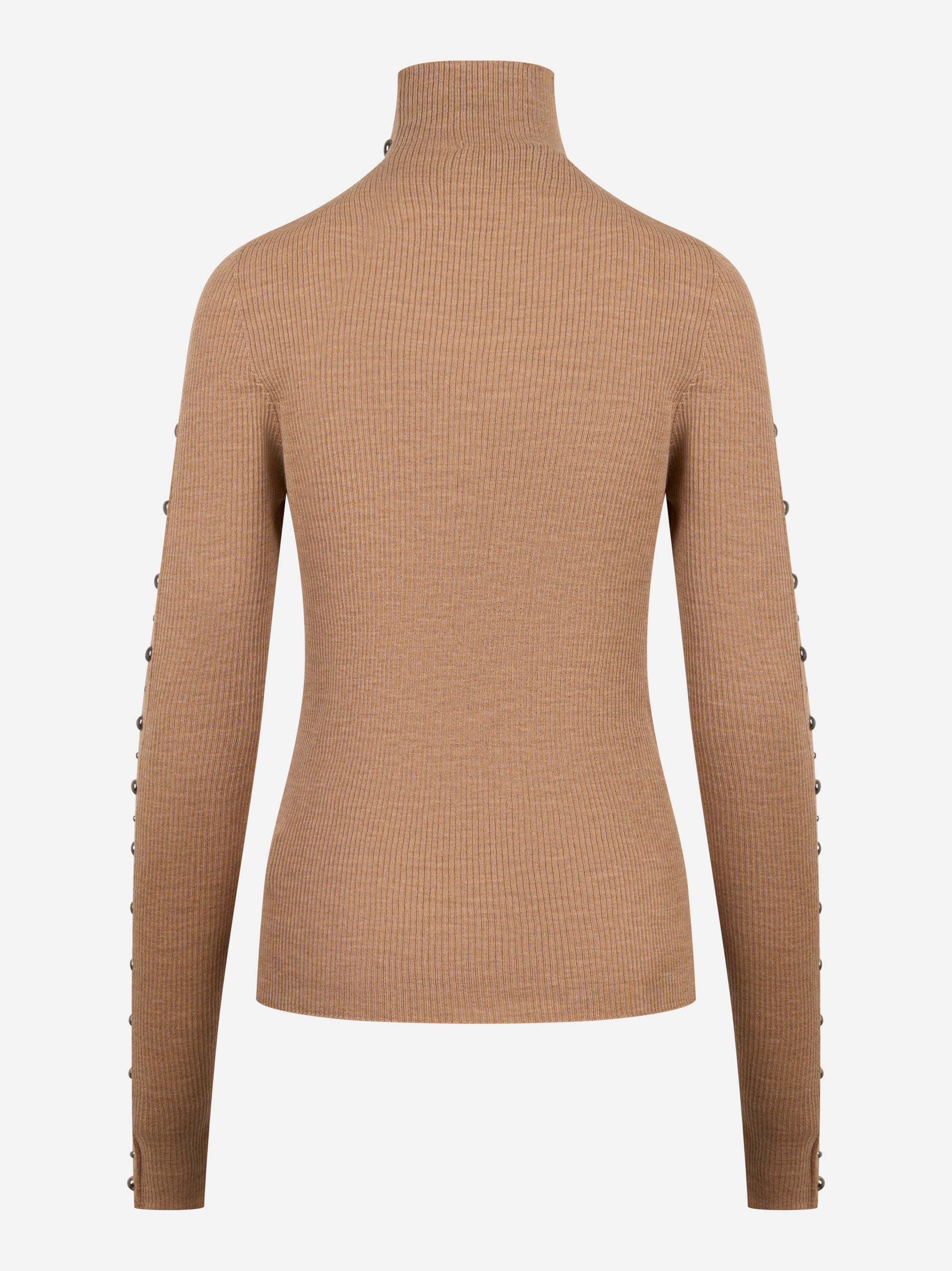 Dolcevita beige in lana merinos con applicazioni su maniche