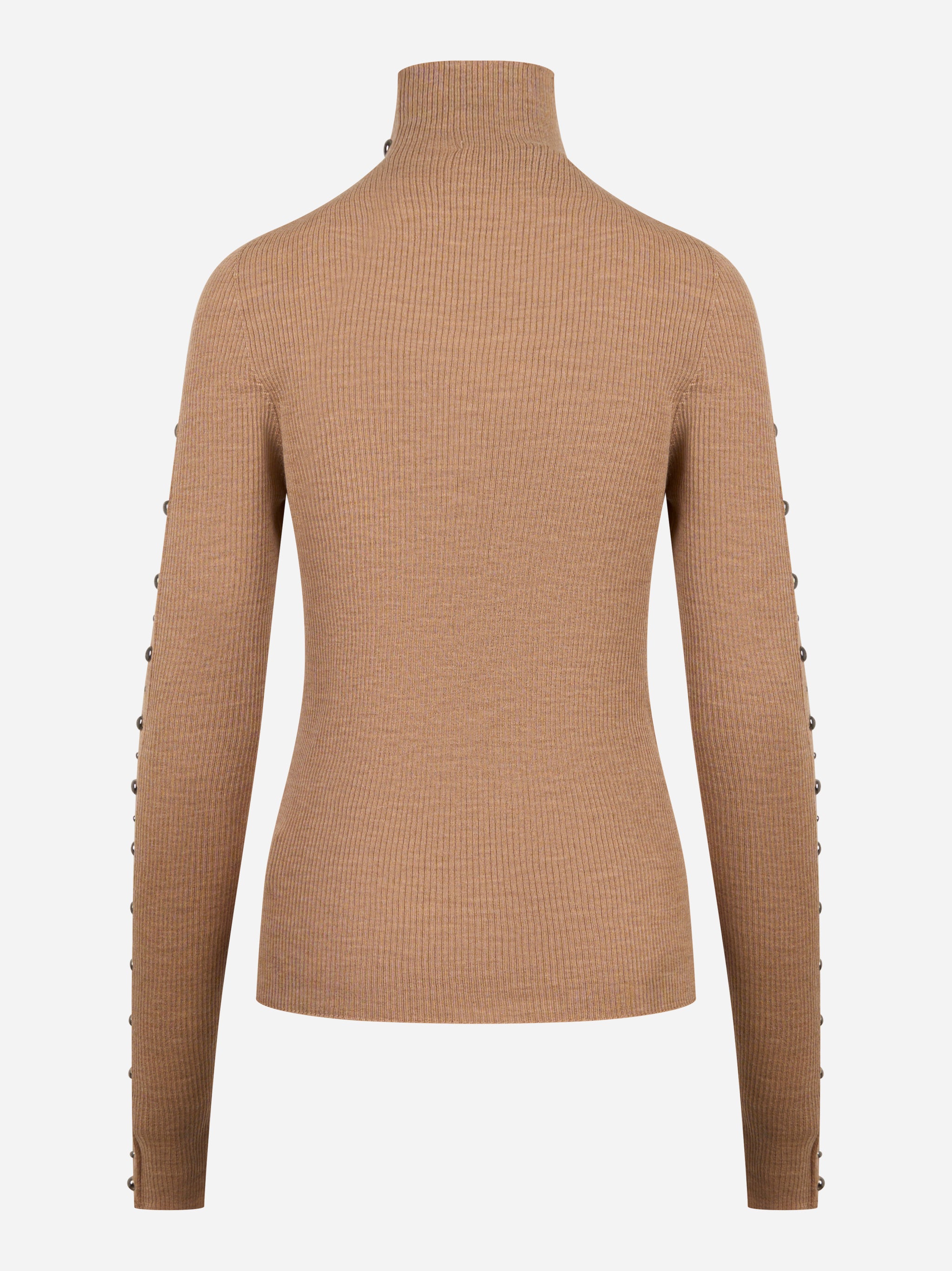 Dolcevita beige in lana merinos con applicazioni su maniche