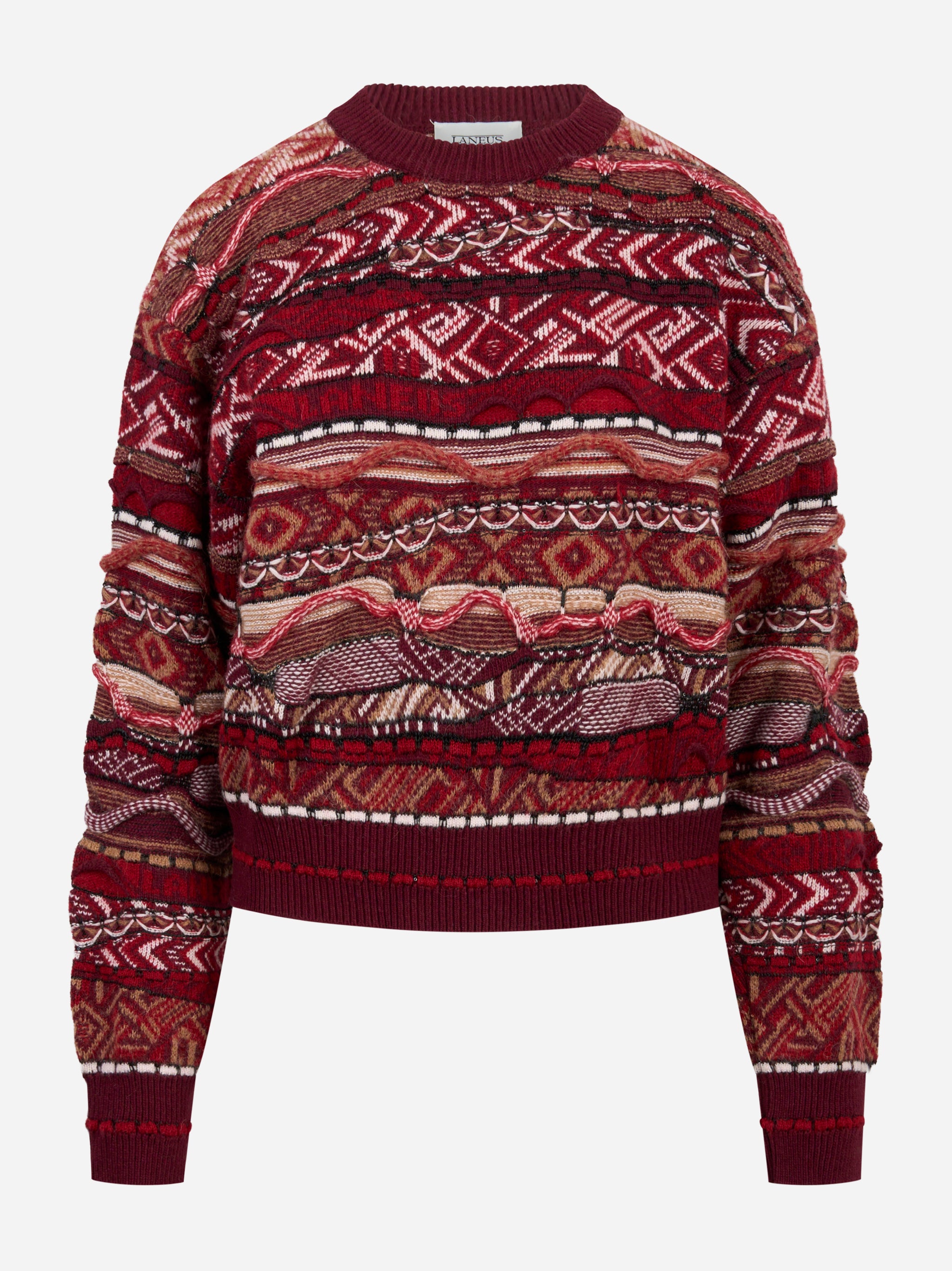 Maglia girocollo cropped con lavorazione jaquard bordeaux