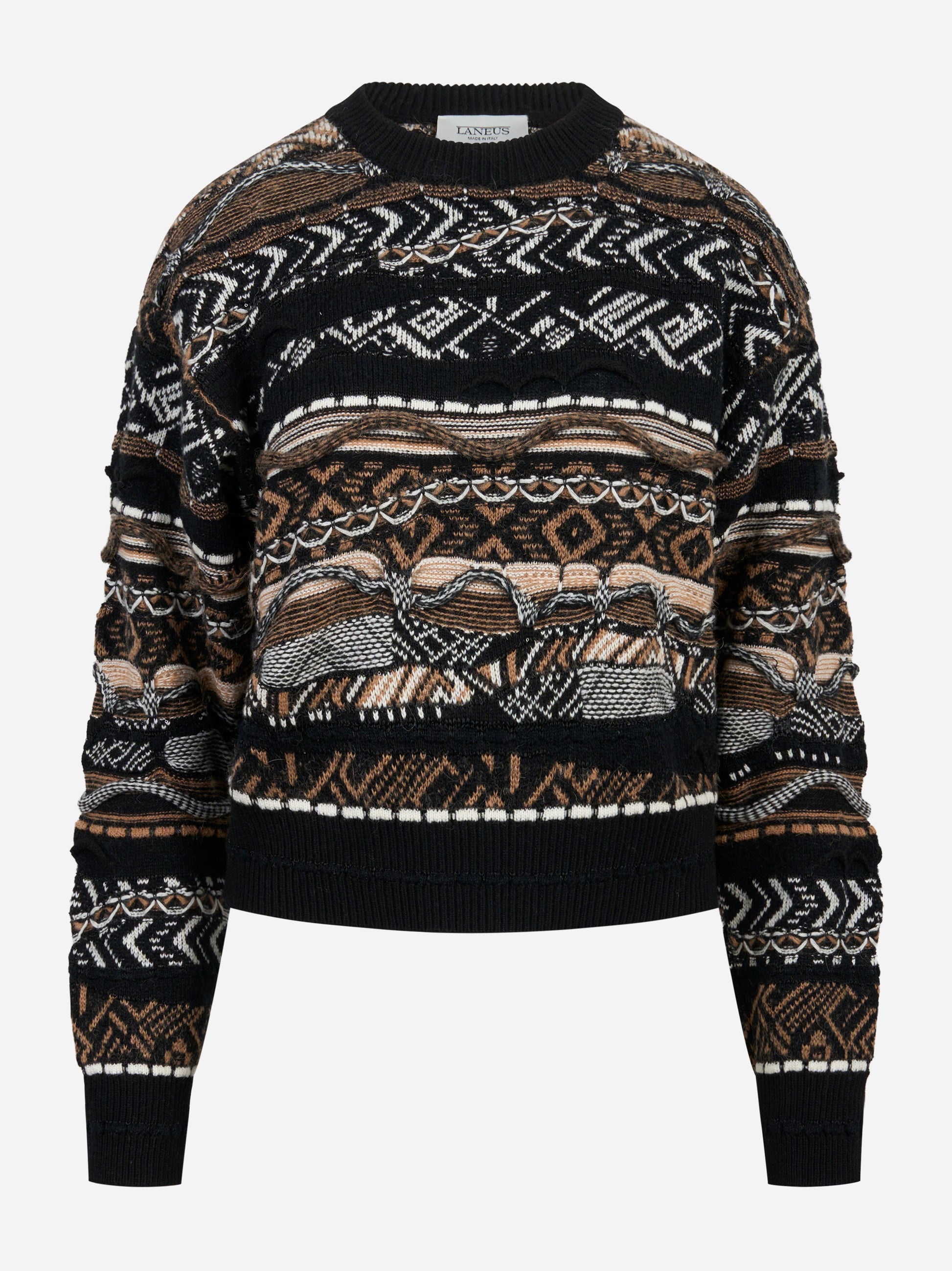 Maglia girocollo cropped con lavorazione jaquard nera