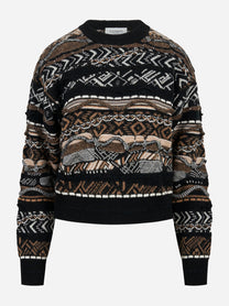 Maglia girocollo cropped con lavorazione jaquard nera