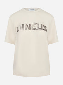 T-shirt girocollo bianca con applicazione logo