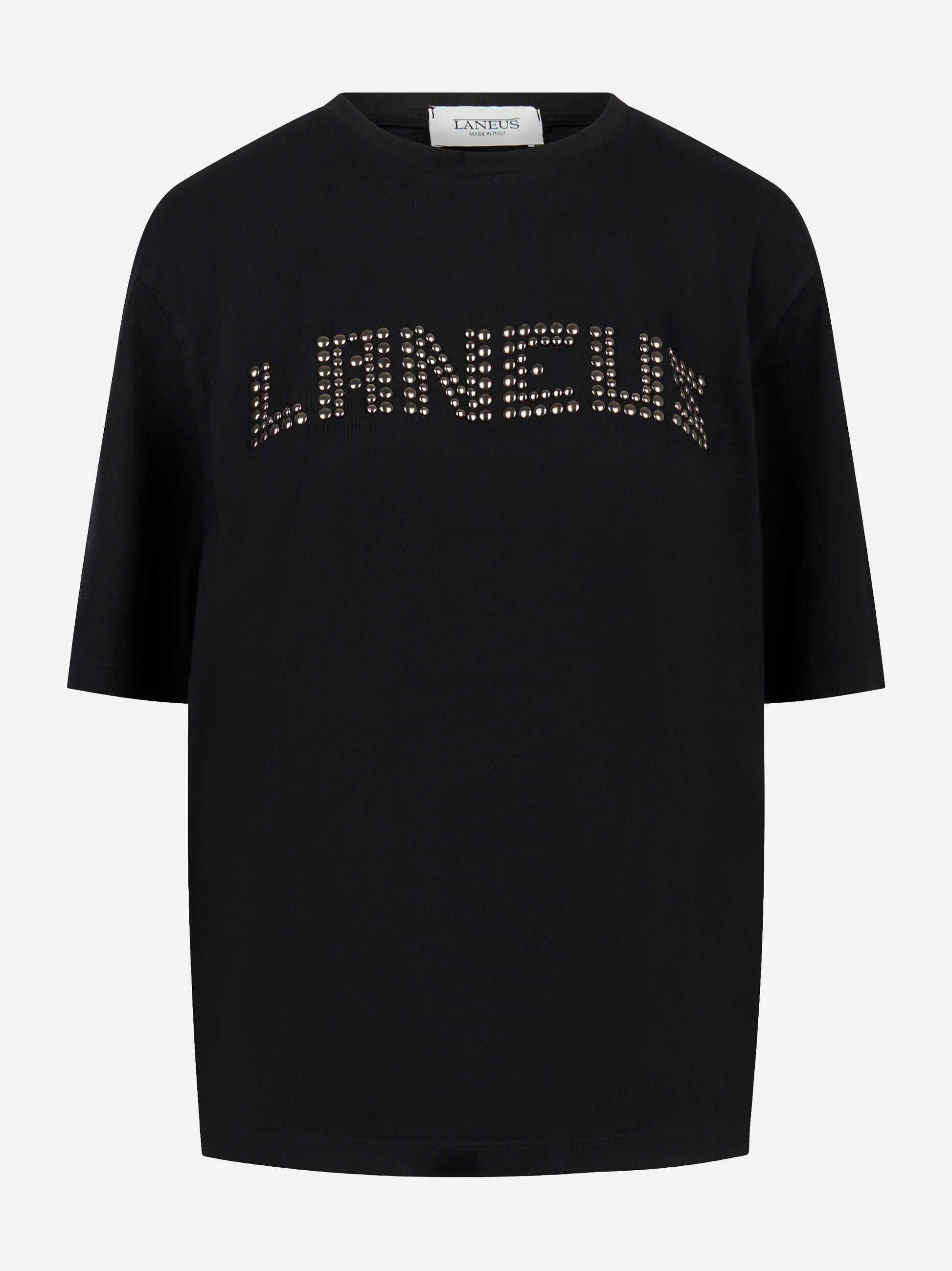 T-shirt girocollo nera con applicazione logo