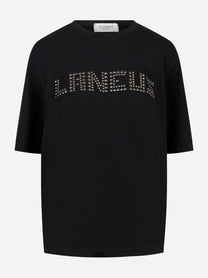 T-shirt girocollo nera con applicazione logo