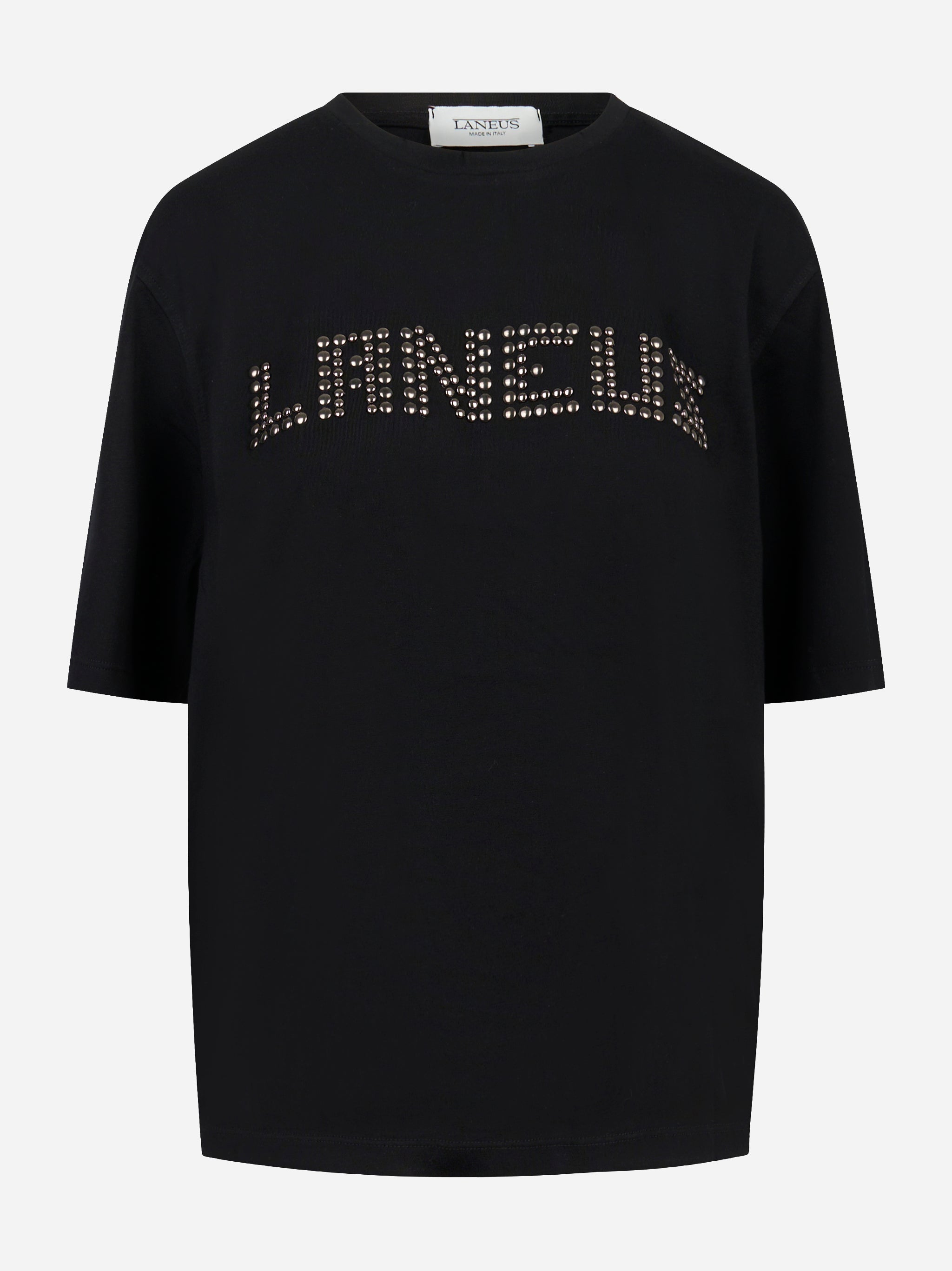 T-shirt girocollo nera con applicazione logo