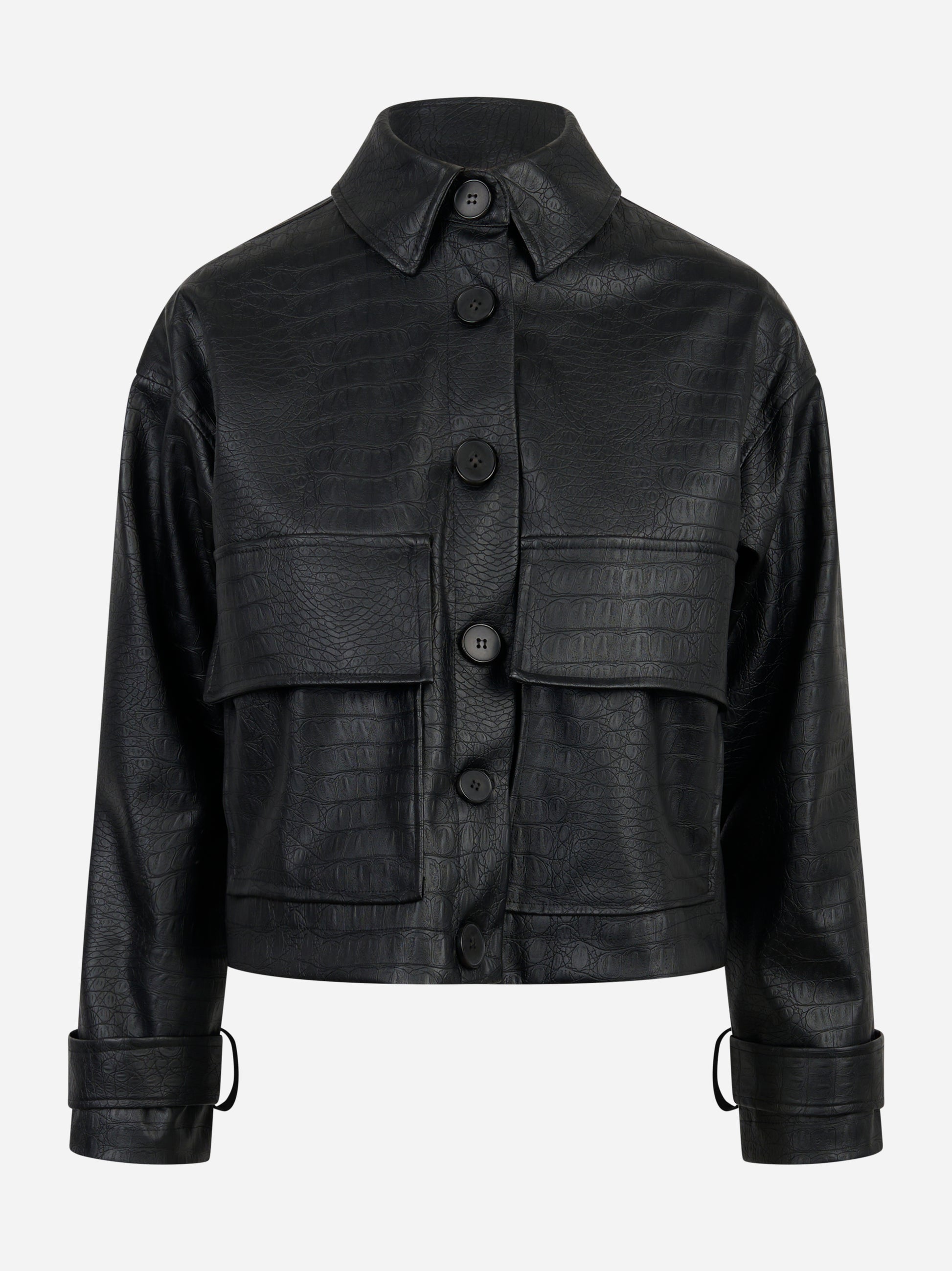 Giacca nera in ecopelle con tasche