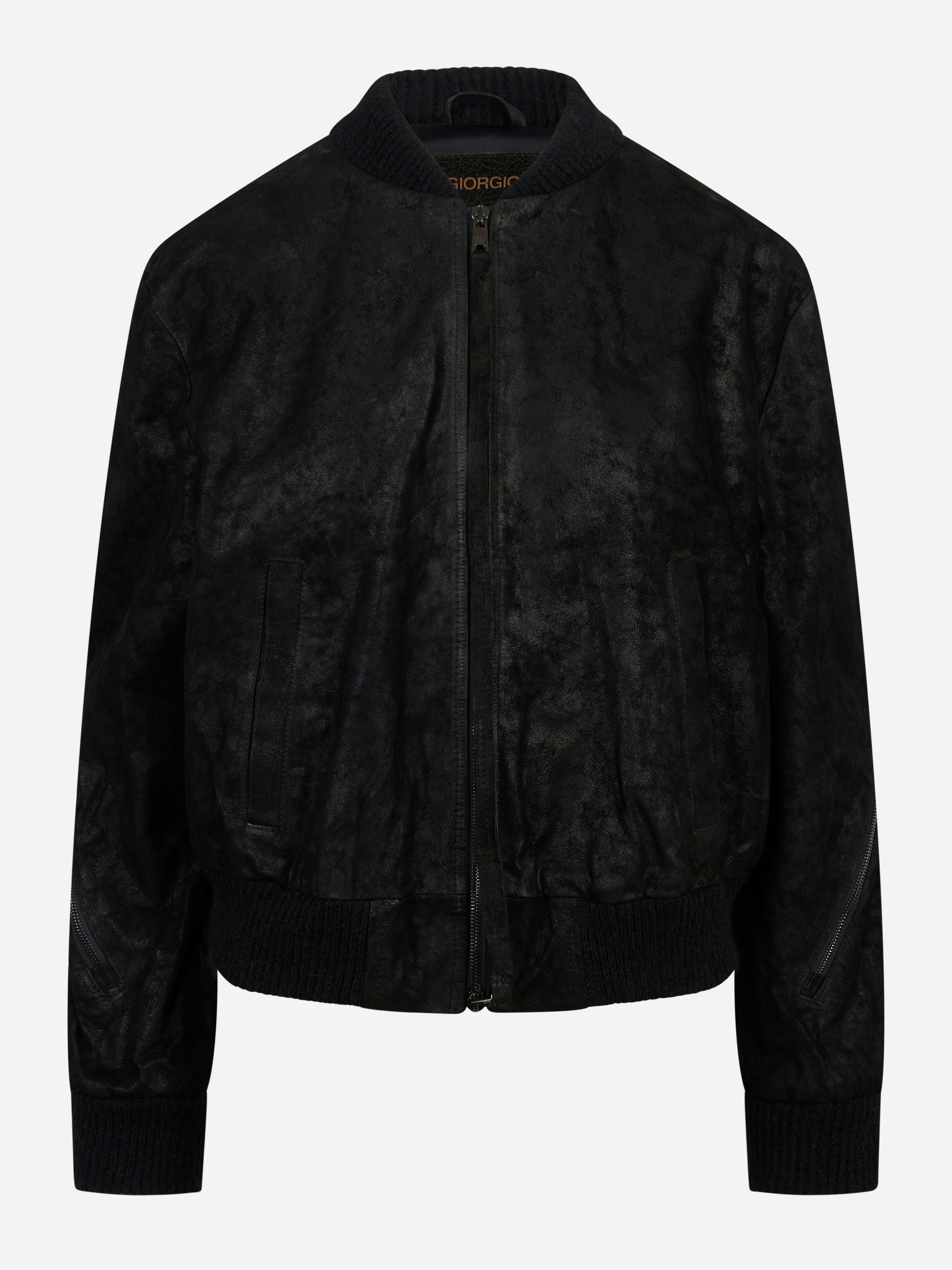 Bomber in pelle con zip centrale nero