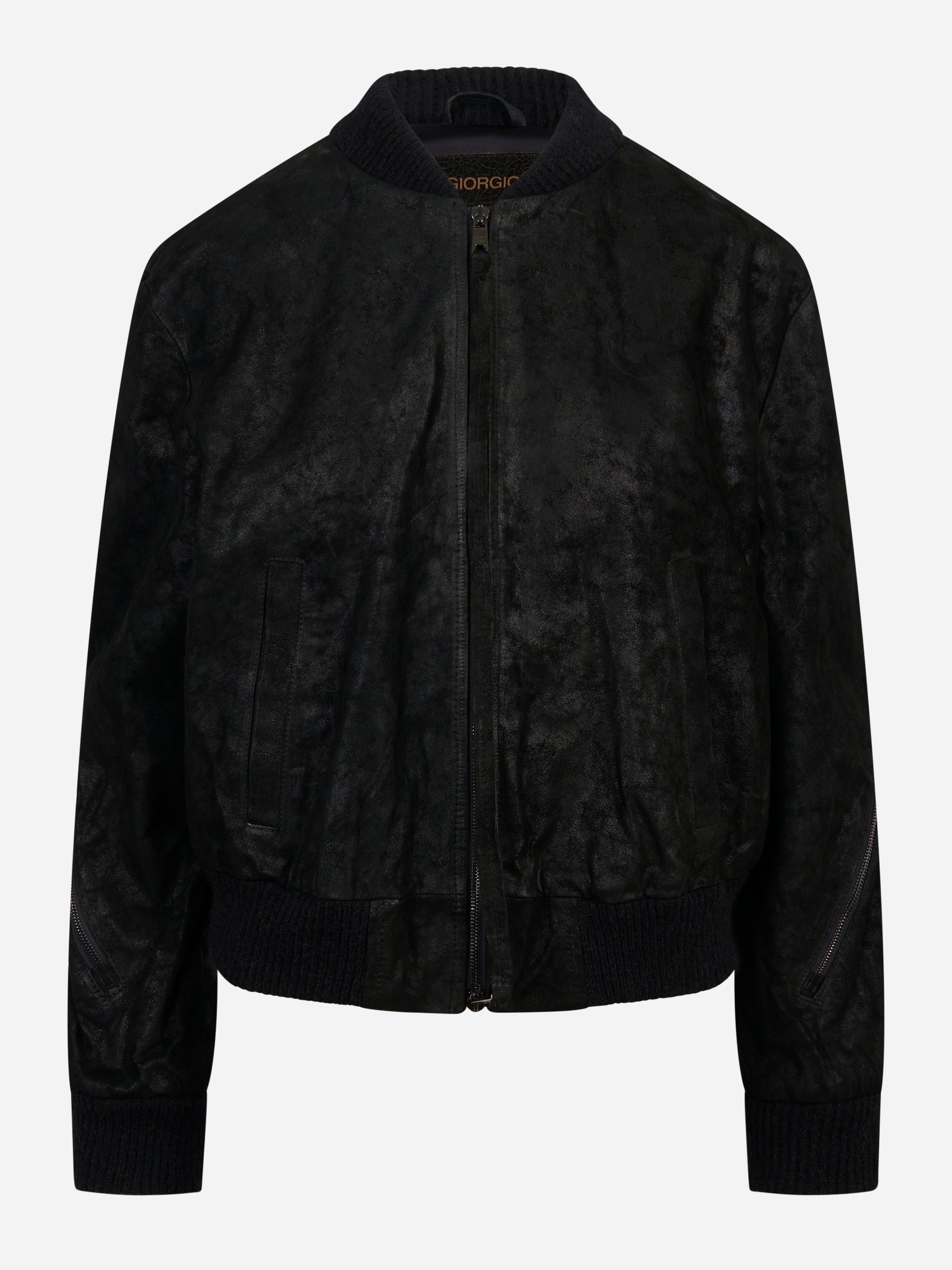 Bomber in pelle con zip centrale nero