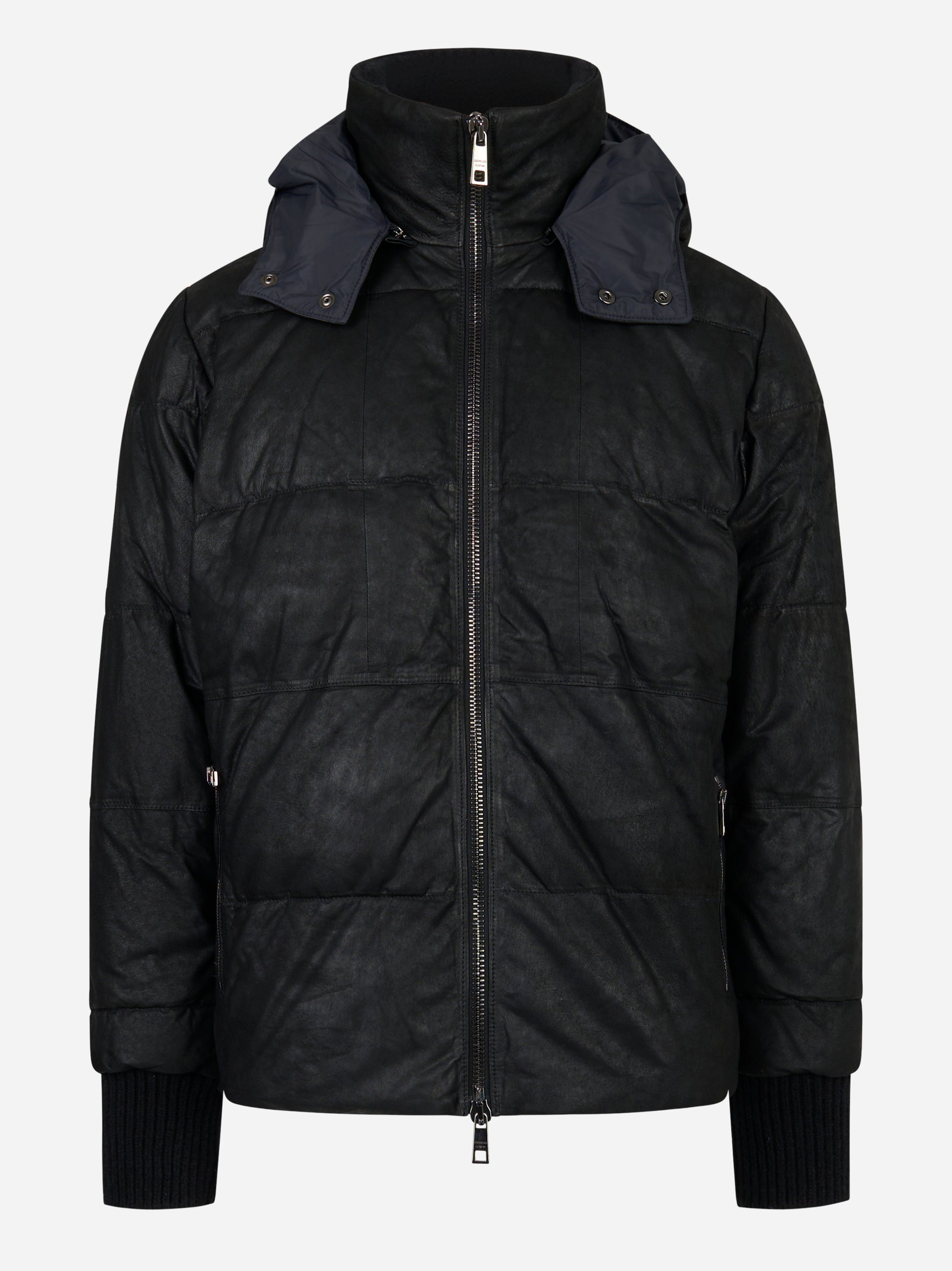 Piumino nero con cappuccio in pelle