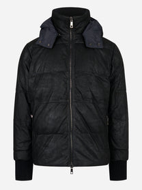 Piumino nero con cappuccio in pelle