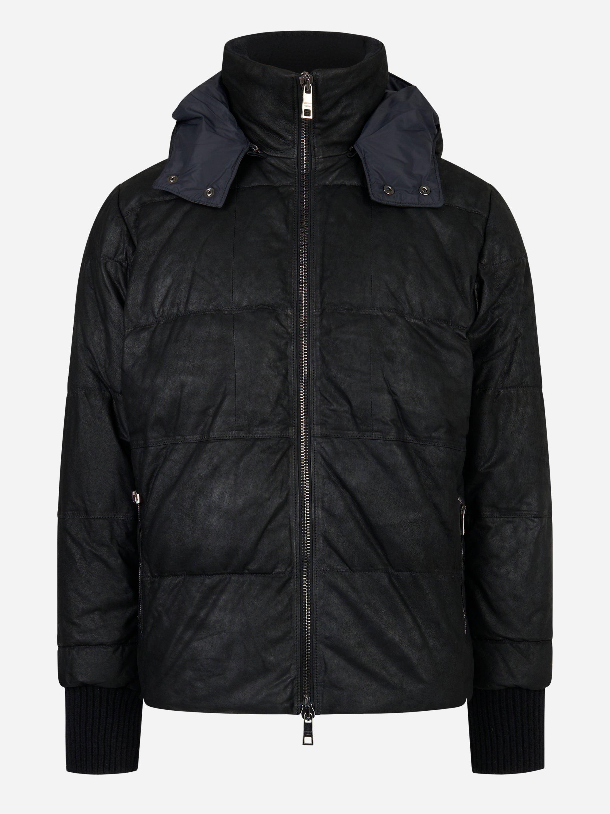 Piumino nero con cappuccio in pelle