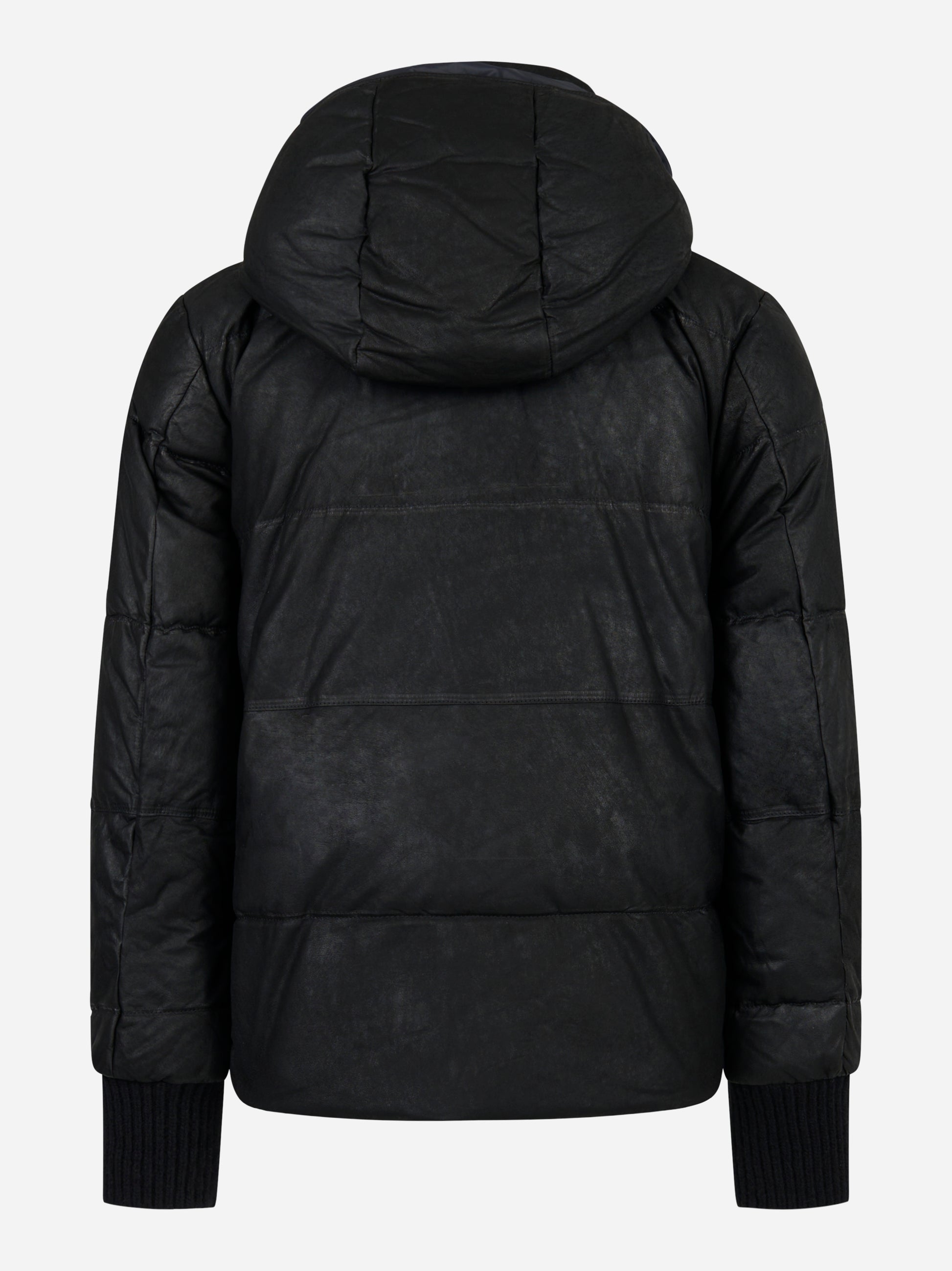 Piumino nero con cappuccio in pelle