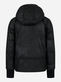Piumino nero con cappuccio in pelle