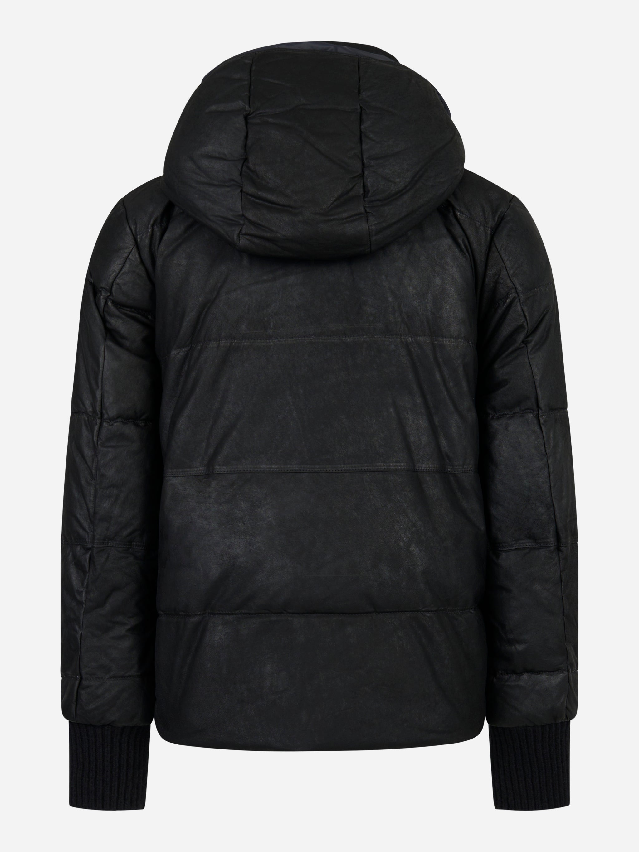 Piumino nero con cappuccio in pelle
