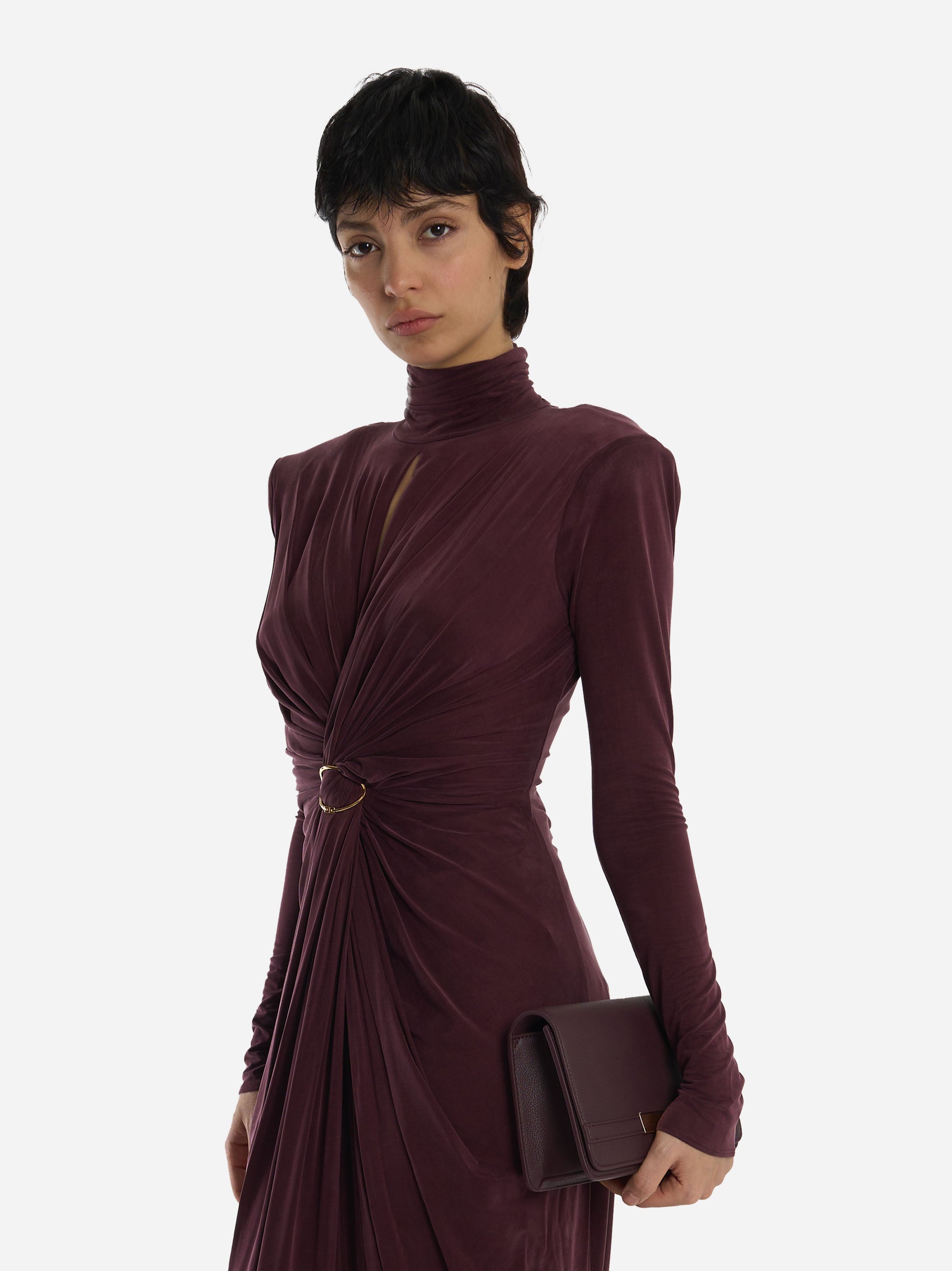 Abito Red Carpet in jersey cupro con drappeggi Bordeaux