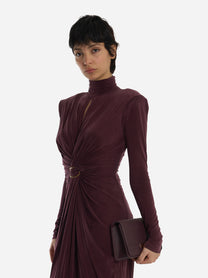 Abito Red Carpet in jersey cupro con drappeggi Bordeaux