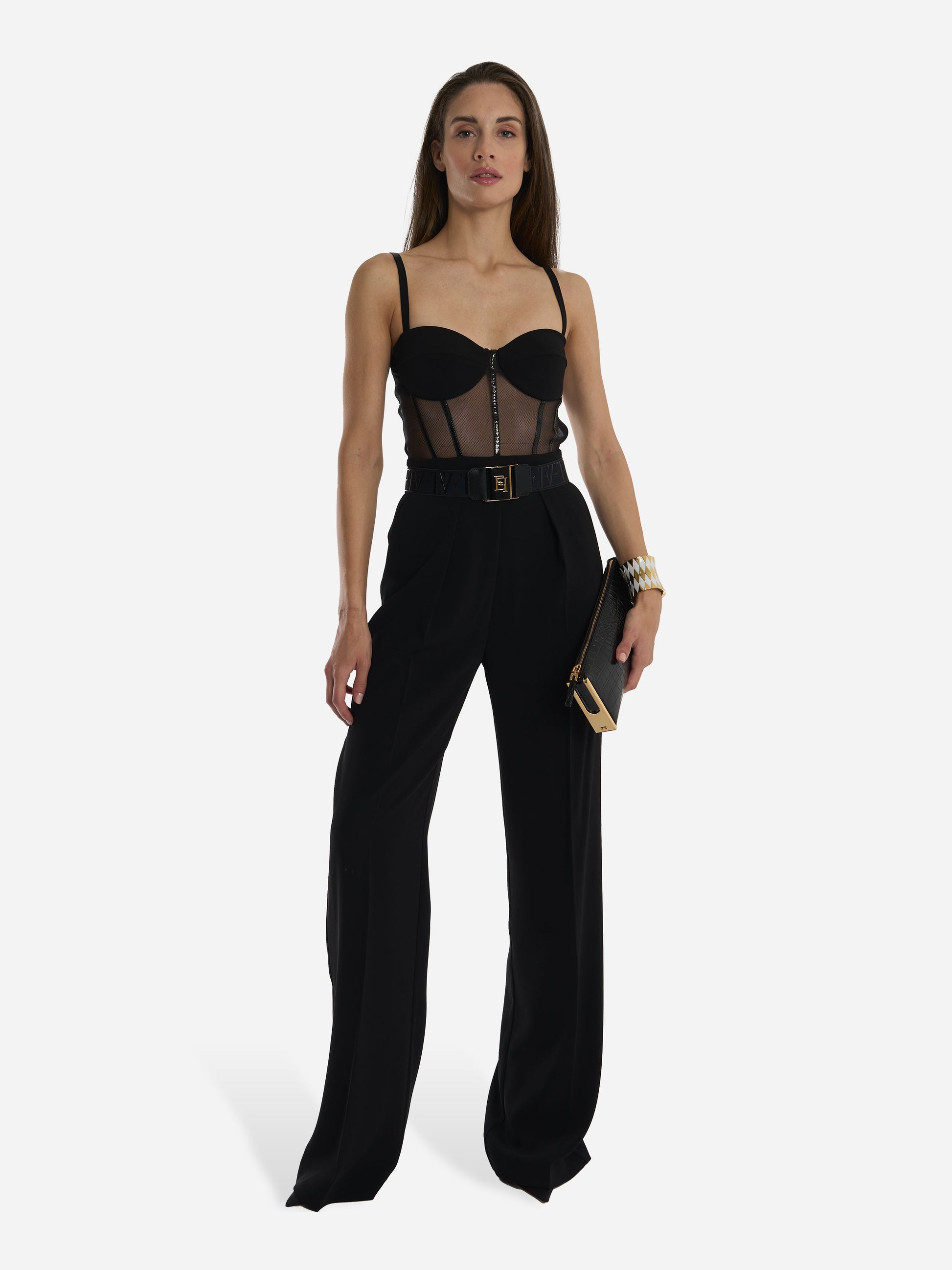 Black lightweight crepe and tulle jumpsuit